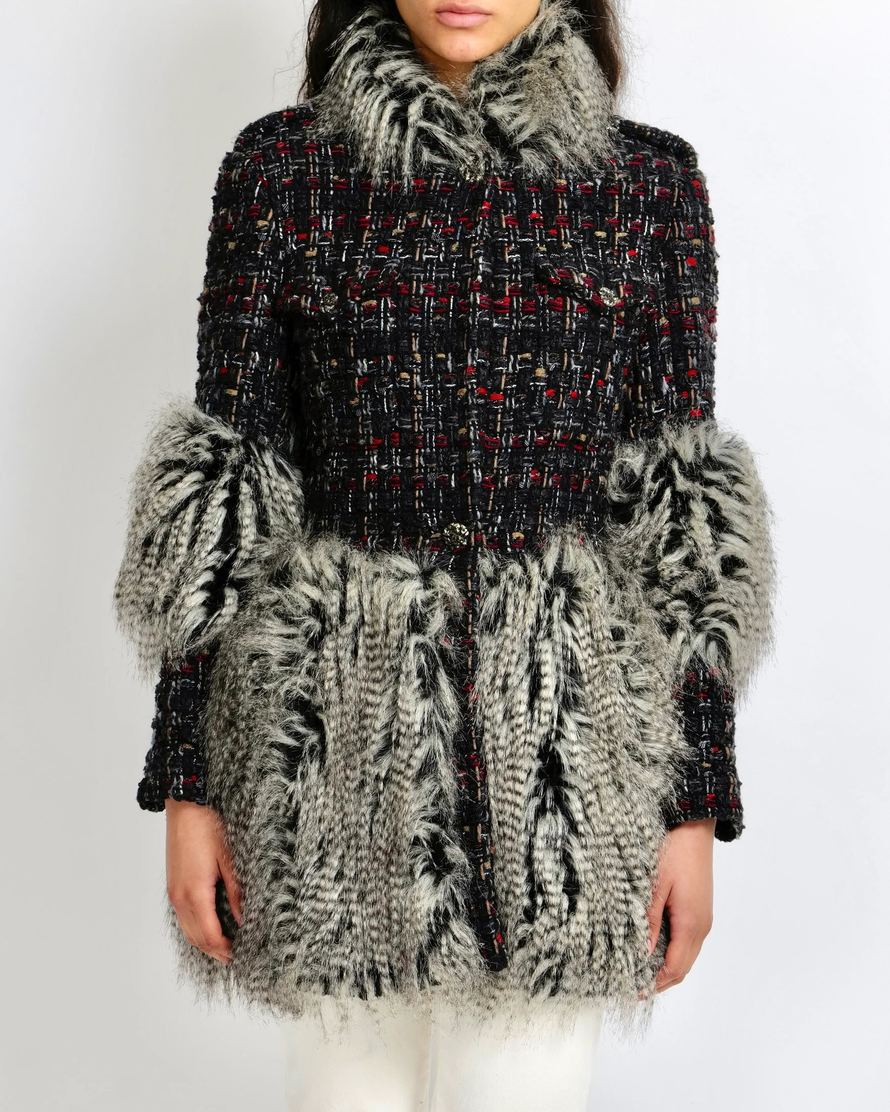 Chanel Fall 2010 Runway Black Tweed Coat with Grey Faux Fur Details and Silver Gold Aged CC Logo Buttons Size FR 42 (UK 14)