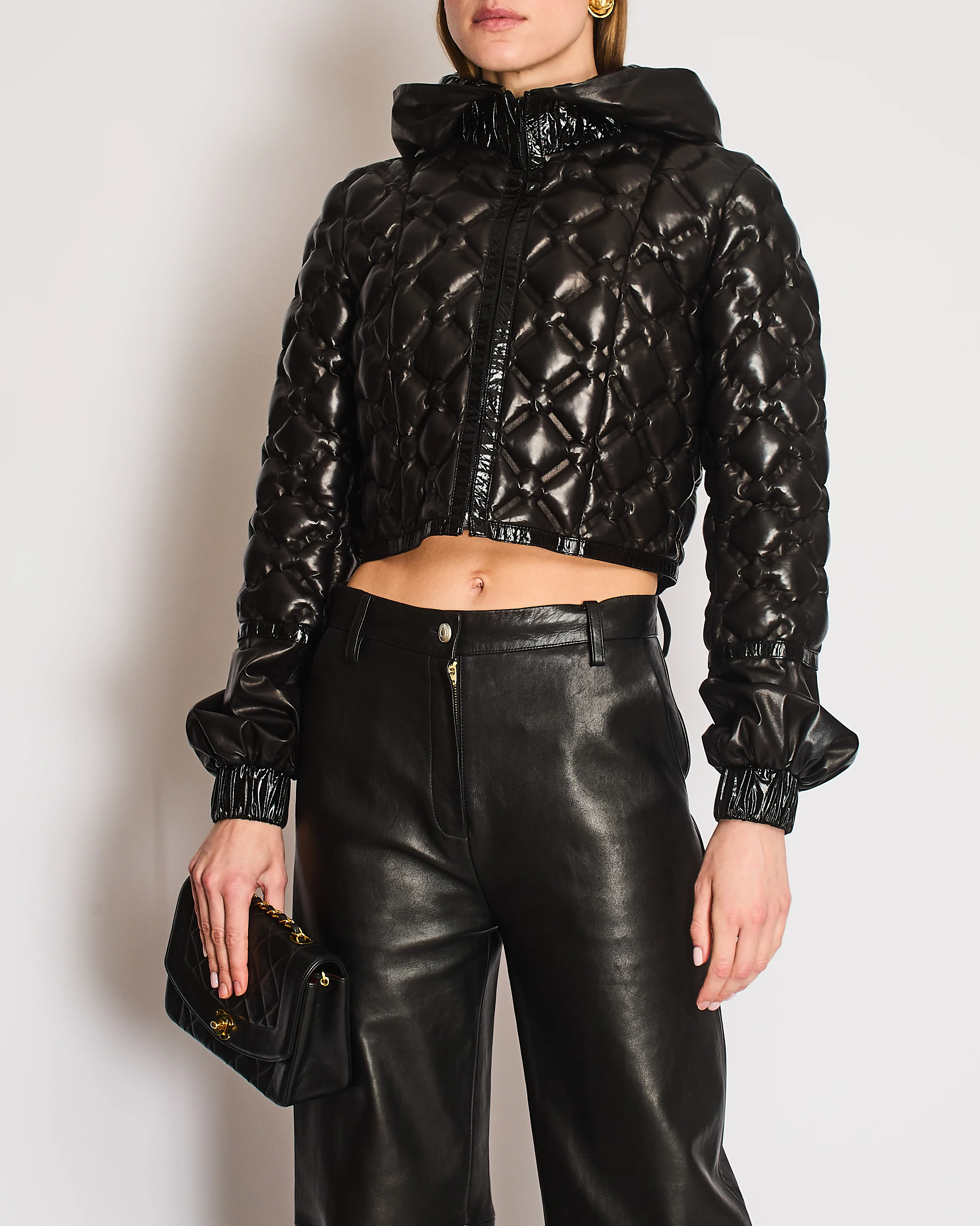 Chanel Fall/Winter 2016 Collection Black Lambskin Cropped Hooded Puffer Jacket with Patent Detailing Size 40 (UK 12) - Image 2