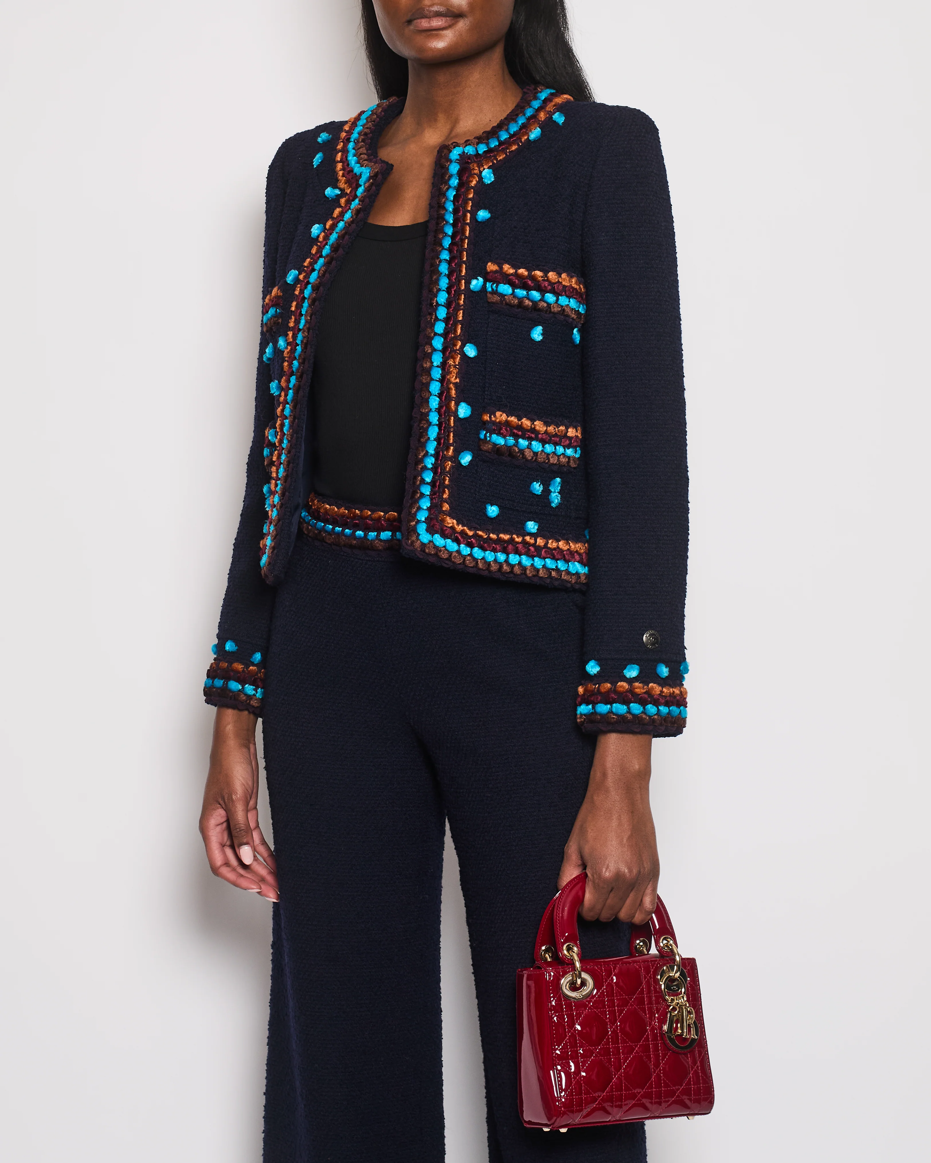 Chanel for Bergdorf Goodman AW/97 Navy Boucle Cropped Jacket with Matching Trousers Size FR 36 (UK 8) - Image 2