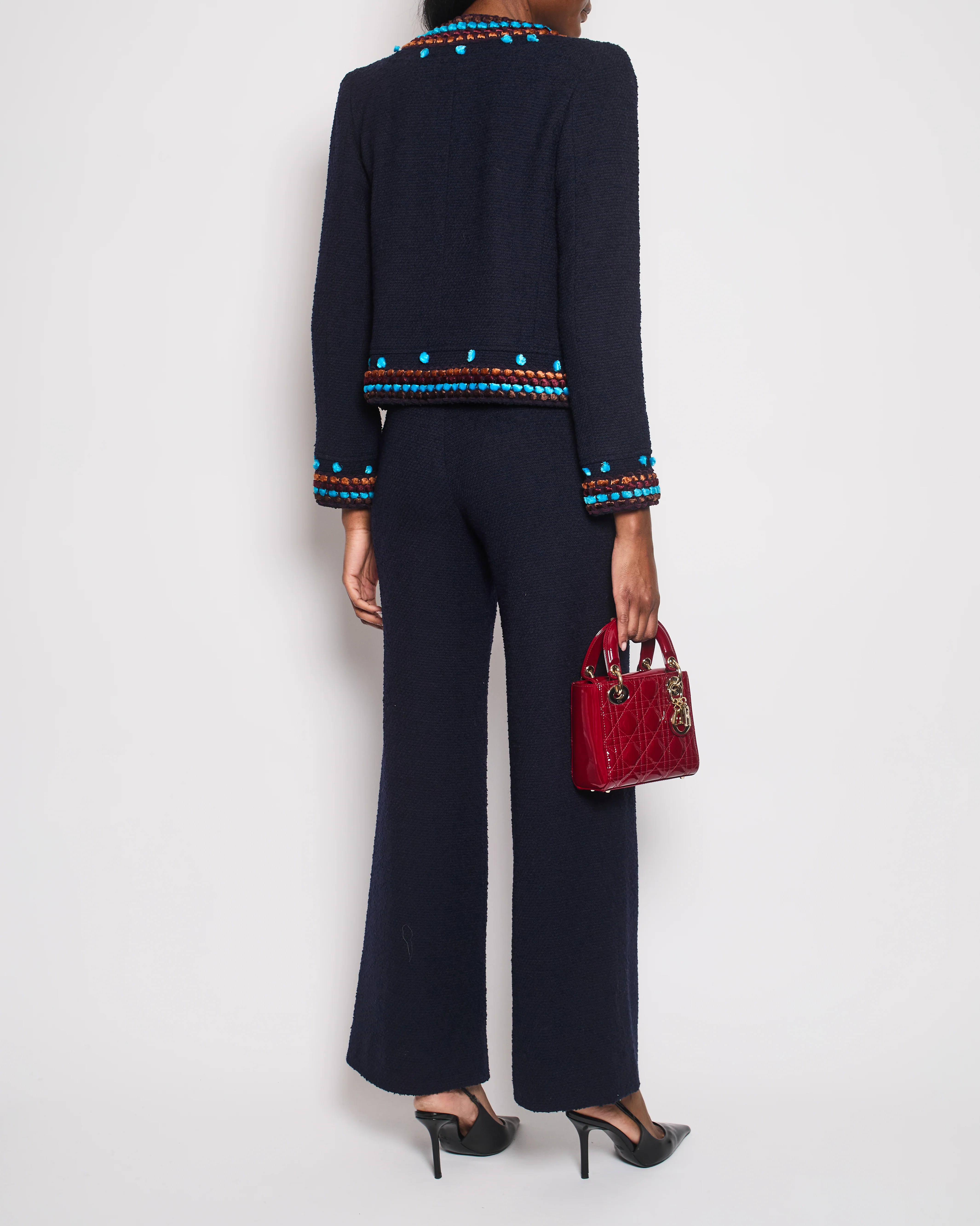 Chanel for Bergdorf Goodman AW/97 Navy Boucle Cropped Jacket with Matching Trousers Size FR 36 (UK 8) - Image 3