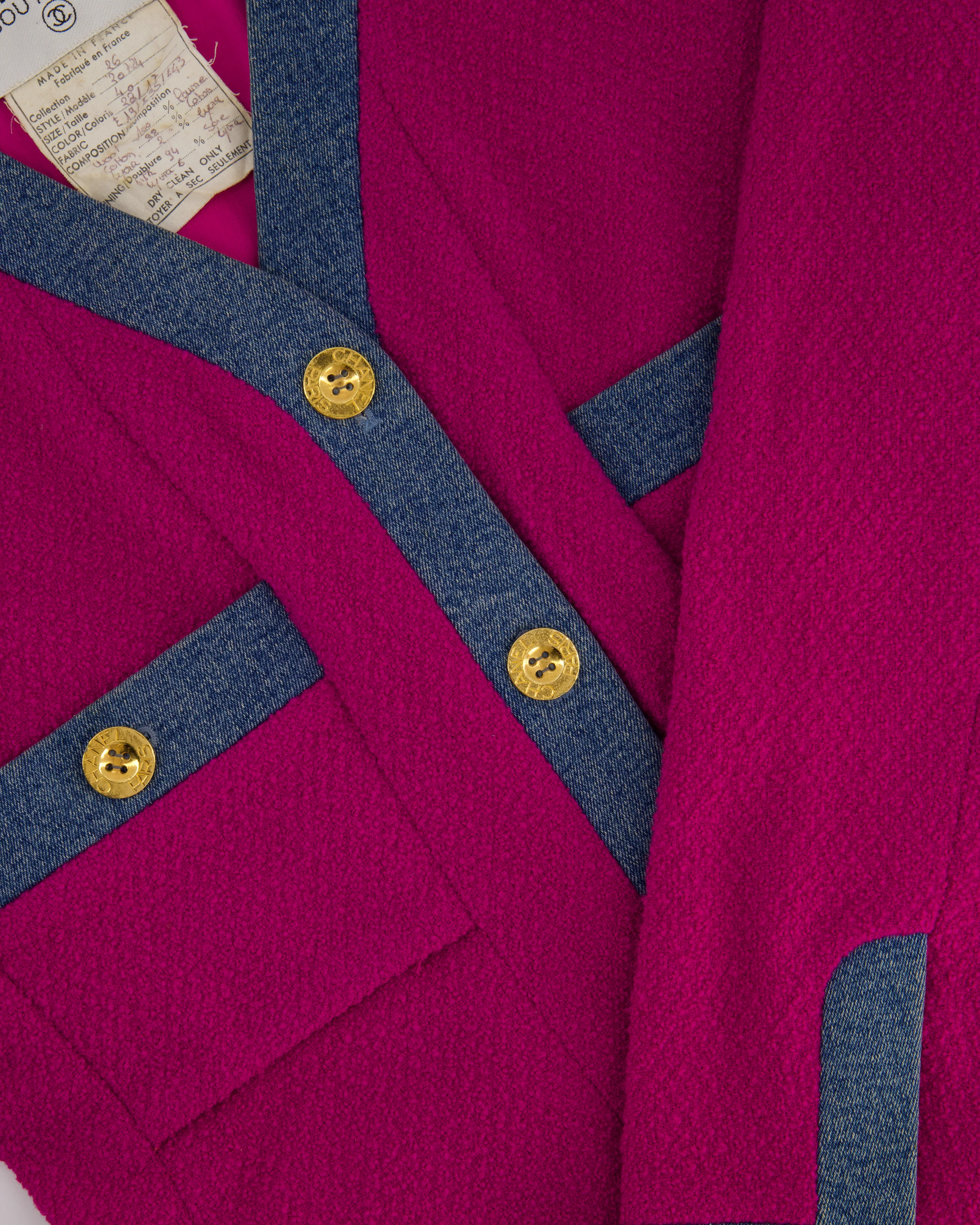 Chanel Fuchsia Pink Tweed Longline Blazer and Mini Skirt Set with Denim Trim & Gold Logo Button Detail Size FR 40 (UK 12) - Image 10