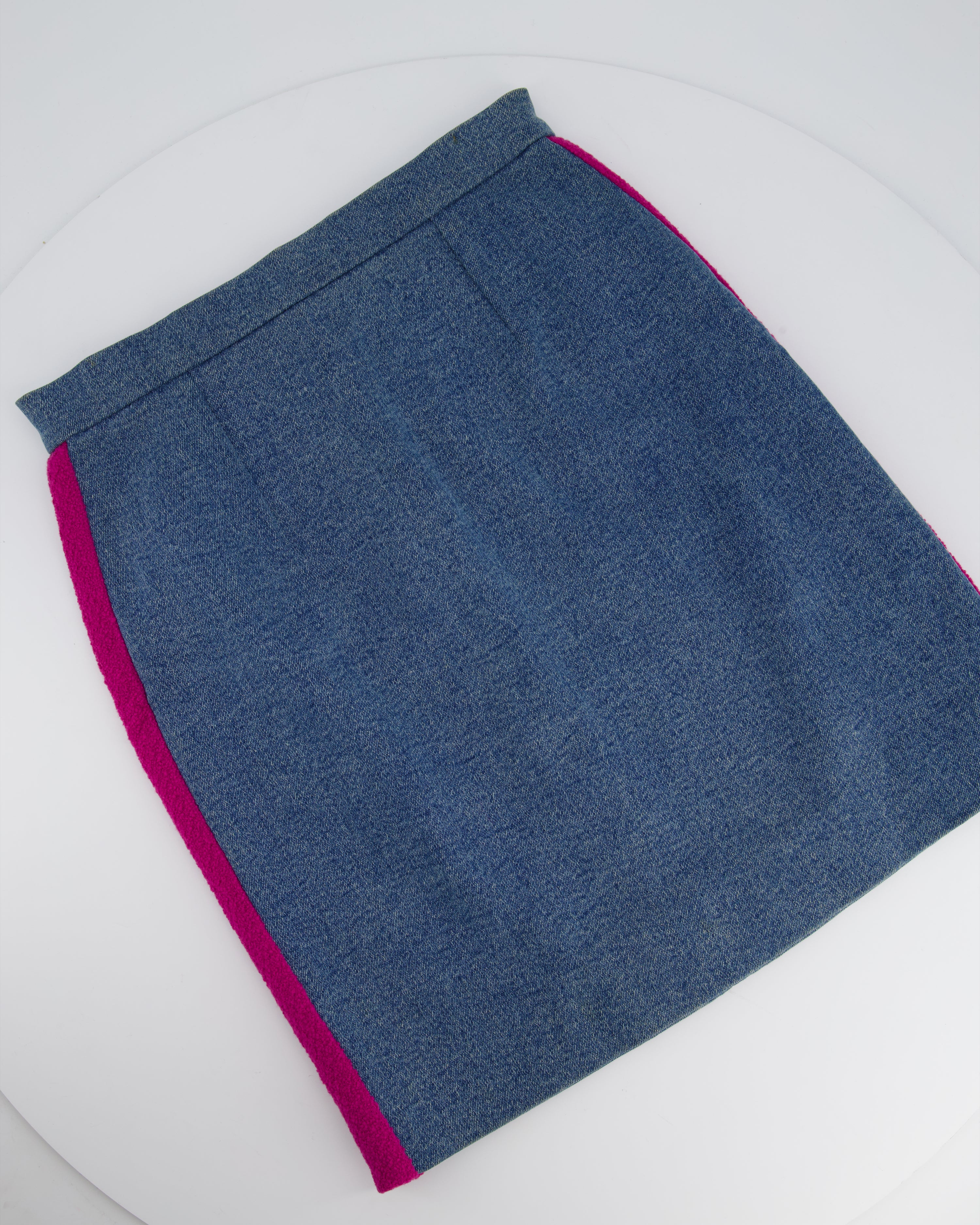 Chanel Fuchsia Pink Tweed Longline Blazer and Mini Skirt Set with Denim Trim & Gold Logo Button Detail Size FR 40 (UK 12) - Image 12