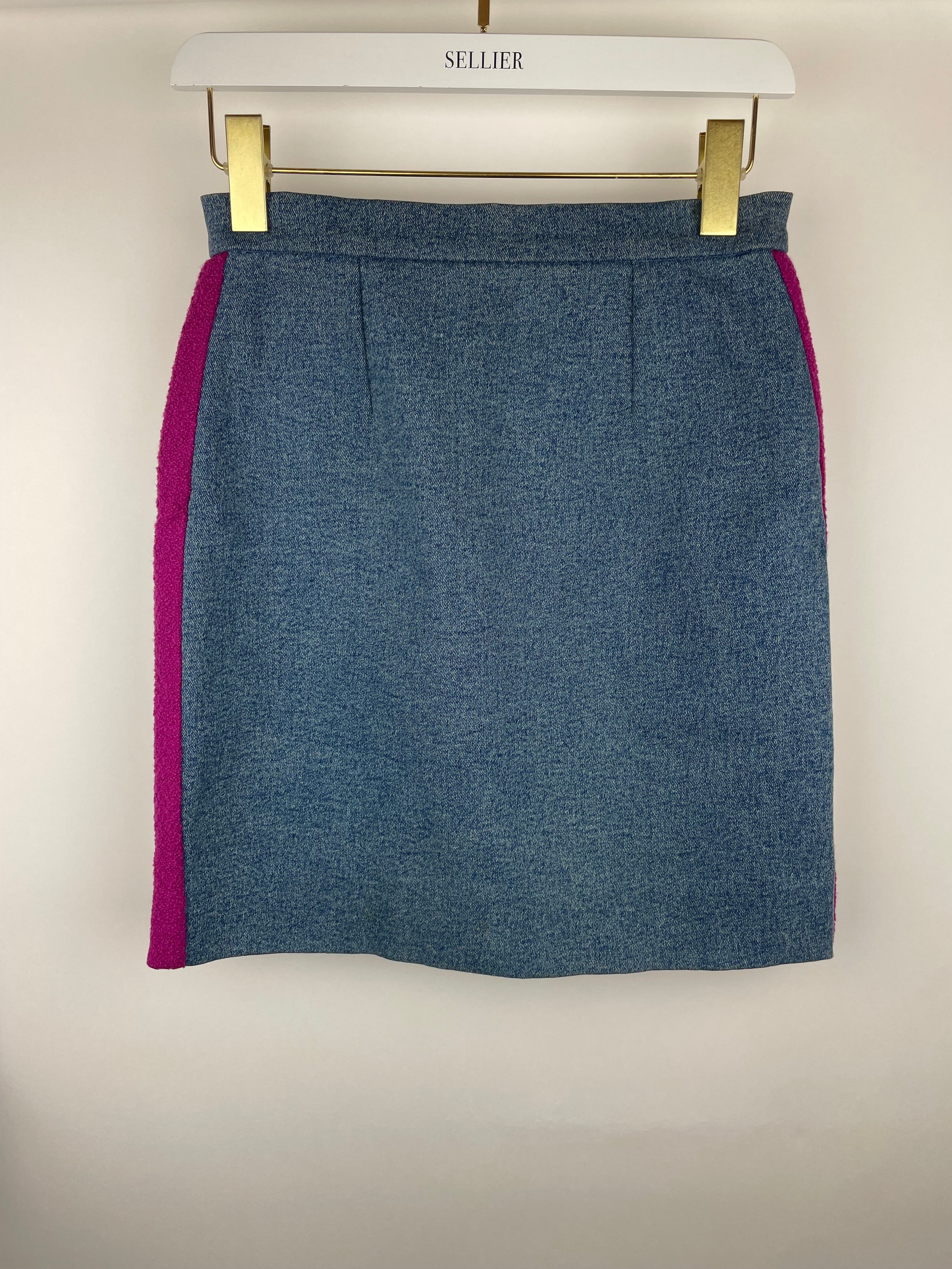 Chanel Fuchsia Pink Tweed Longline Blazer and Mini Skirt Set with Denim Trim & Gold Logo Button Detail Size FR 40 (UK 12) - Image 18