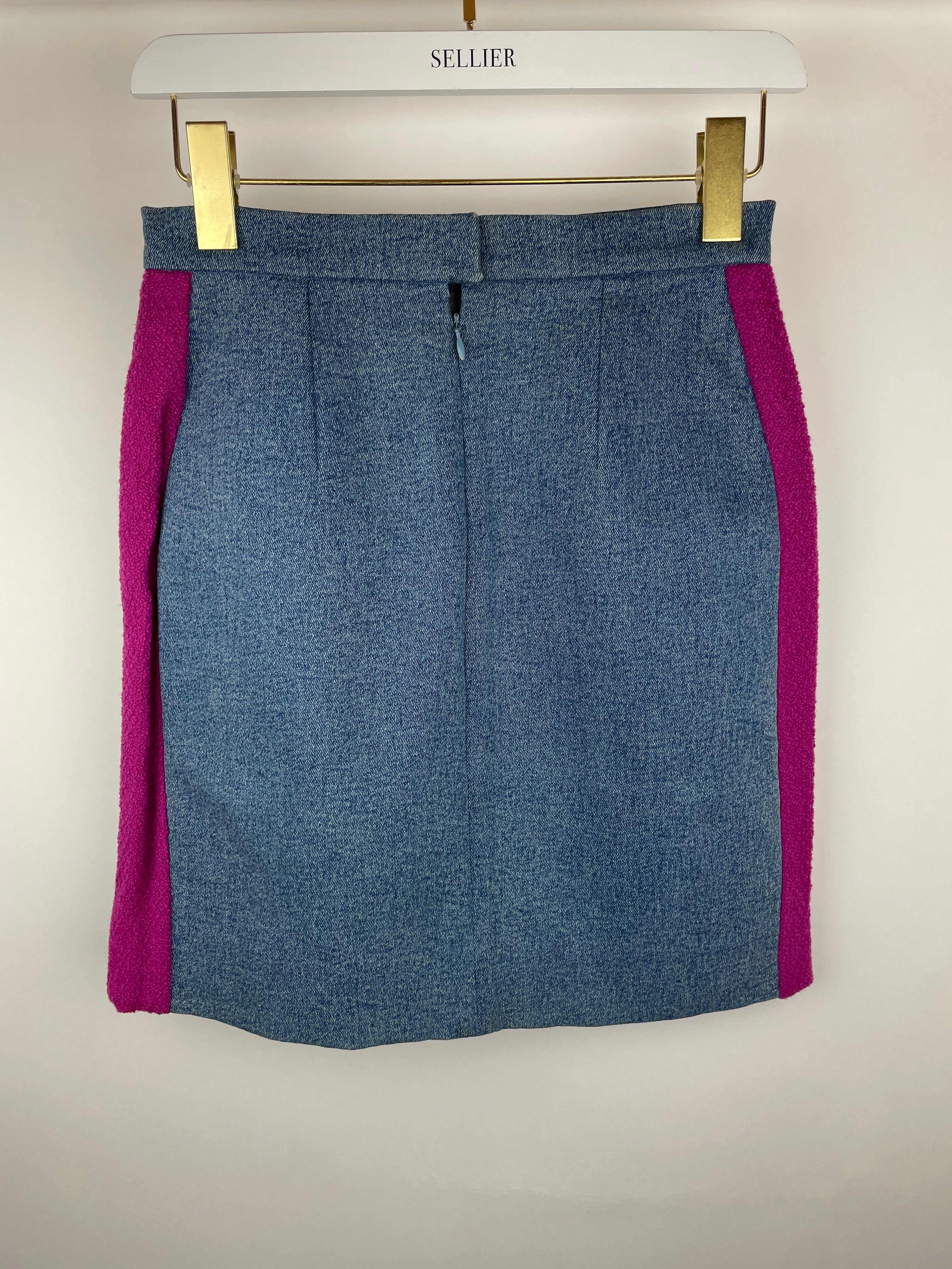 Chanel Fuchsia Pink Tweed Longline Blazer and Mini Skirt Set with Denim Trim & Gold Logo Button Detail Size FR 40 (UK 12) - Image 20