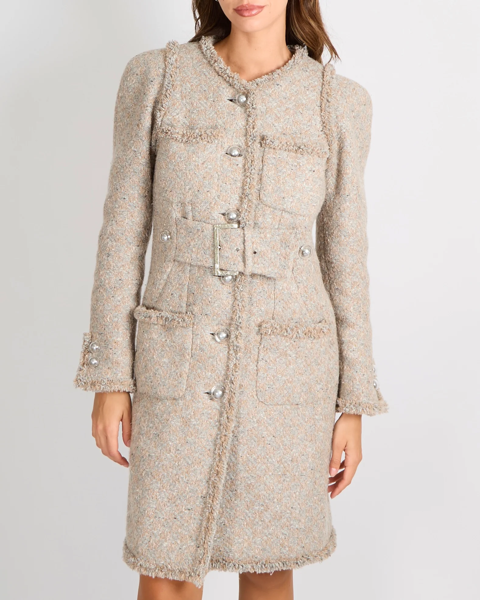 Chanel FW17 Runway Beige Tweed Belted Coat with Clear CC Logo Buttons Size FR 38 (UK 10) RRP £5,250 - Image 2