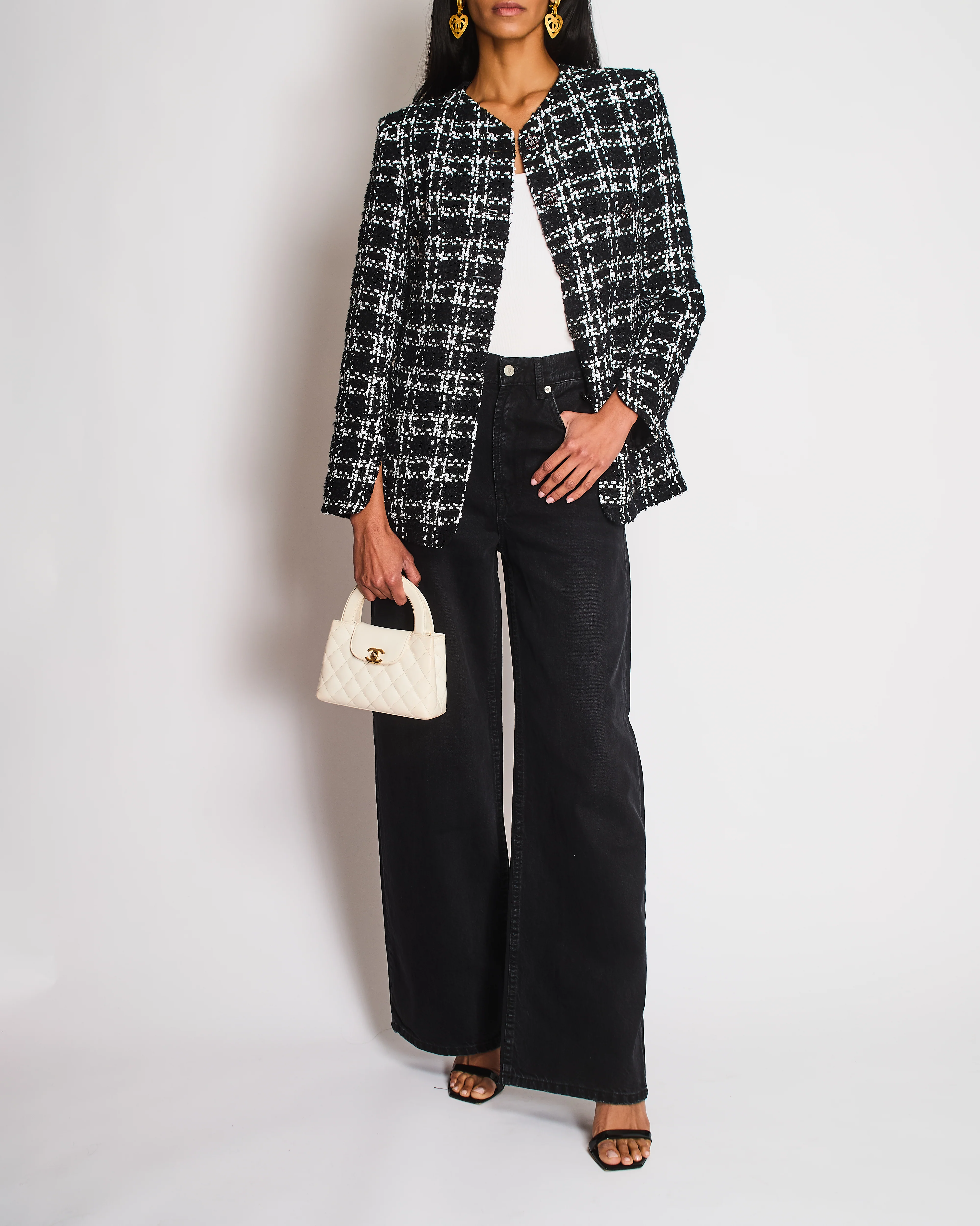 Chanel FW22 Black and White Checkered Tweed Jacket With White Sequins Details Size FR 34 (UK 6)