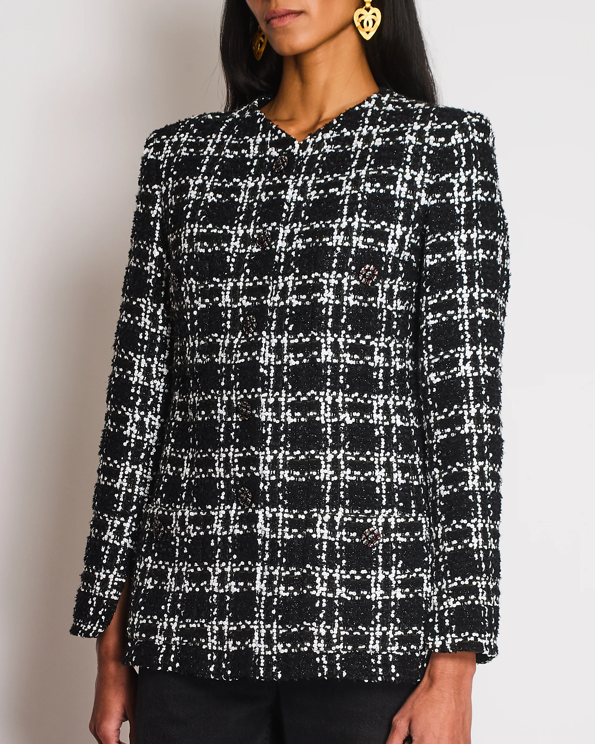 Chanel FW22 Black and White Checkered Tweed Jacket With White Sequins Details Size FR 34 (UK 6) - Image 3