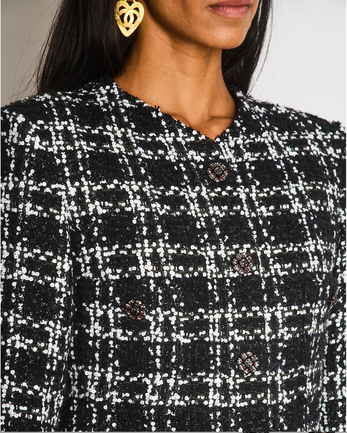 Chanel FW22 Black and White Checkered Tweed Jacket With White Sequins Details Size FR 34 (UK 6) - Image 5
