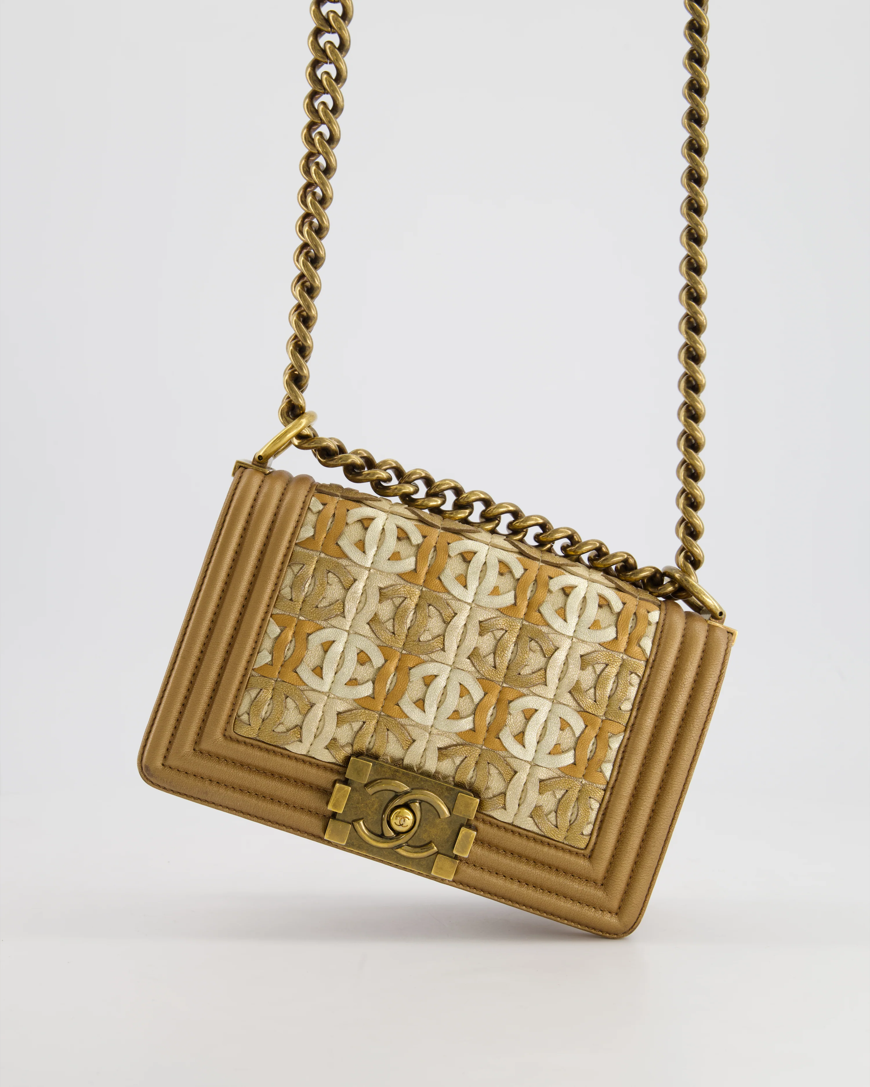 *LIMITED EDITION* Chanel Gold Metallic Small Boy Bag In Calfskin Leather with Antique Gold Hardware CC Details - Image 4