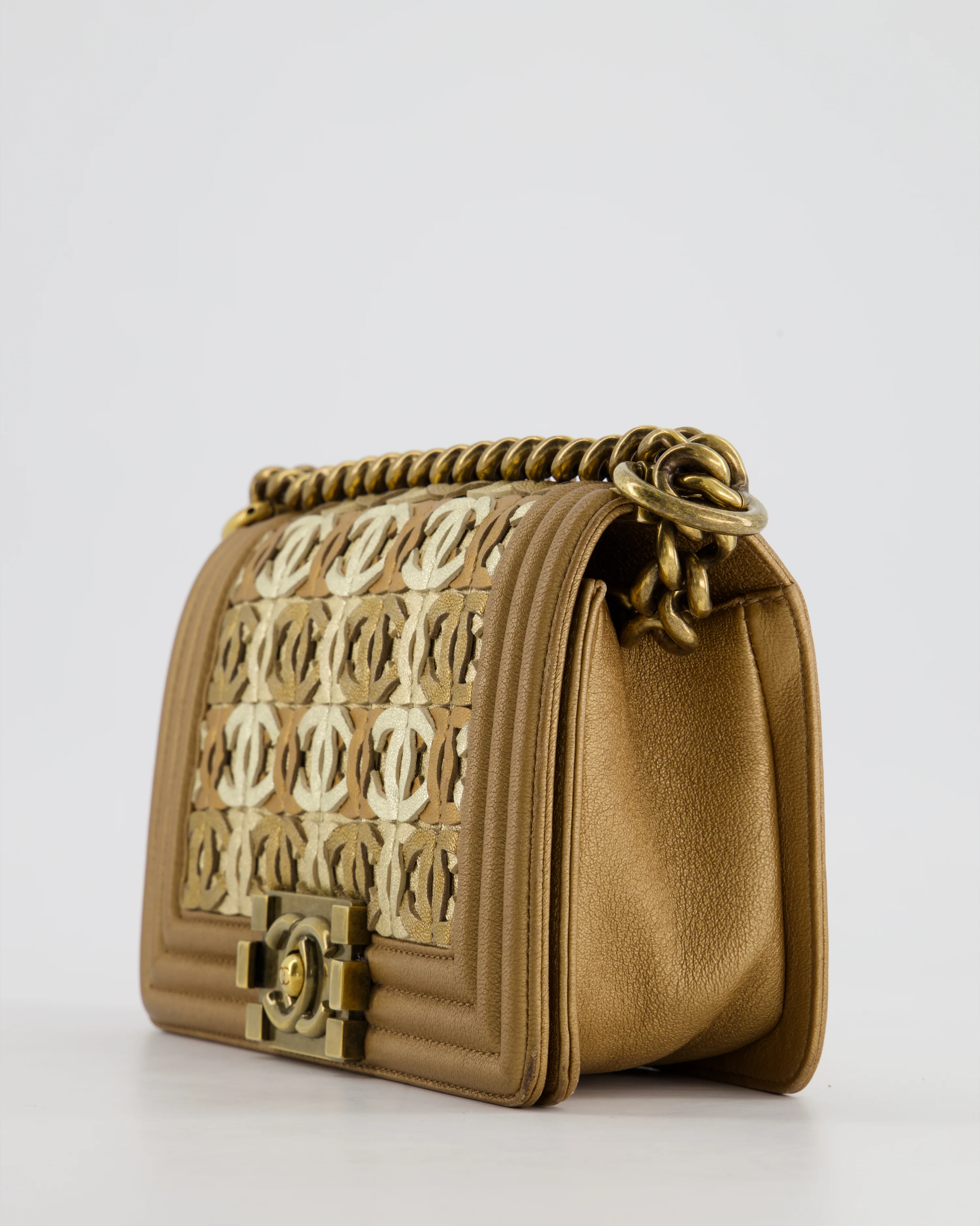 *LIMITED EDITION* Chanel Gold Metallic Small Boy Bag In Calfskin Leather with Antique Gold Hardware CC Details - Image 6