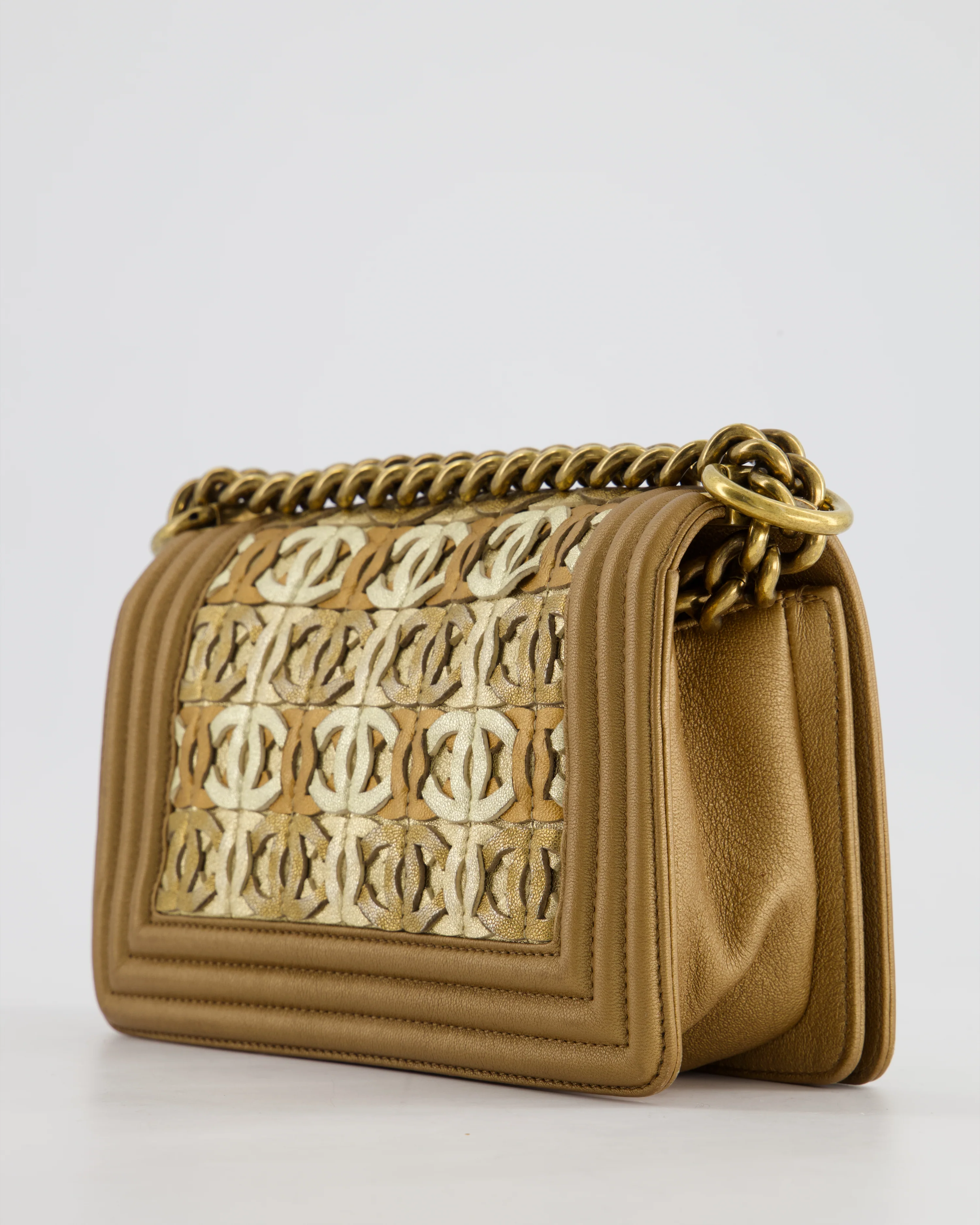 *LIMITED EDITION* Chanel Gold Metallic Small Boy Bag In Calfskin Leather with Antique Gold Hardware CC Details - Image 7