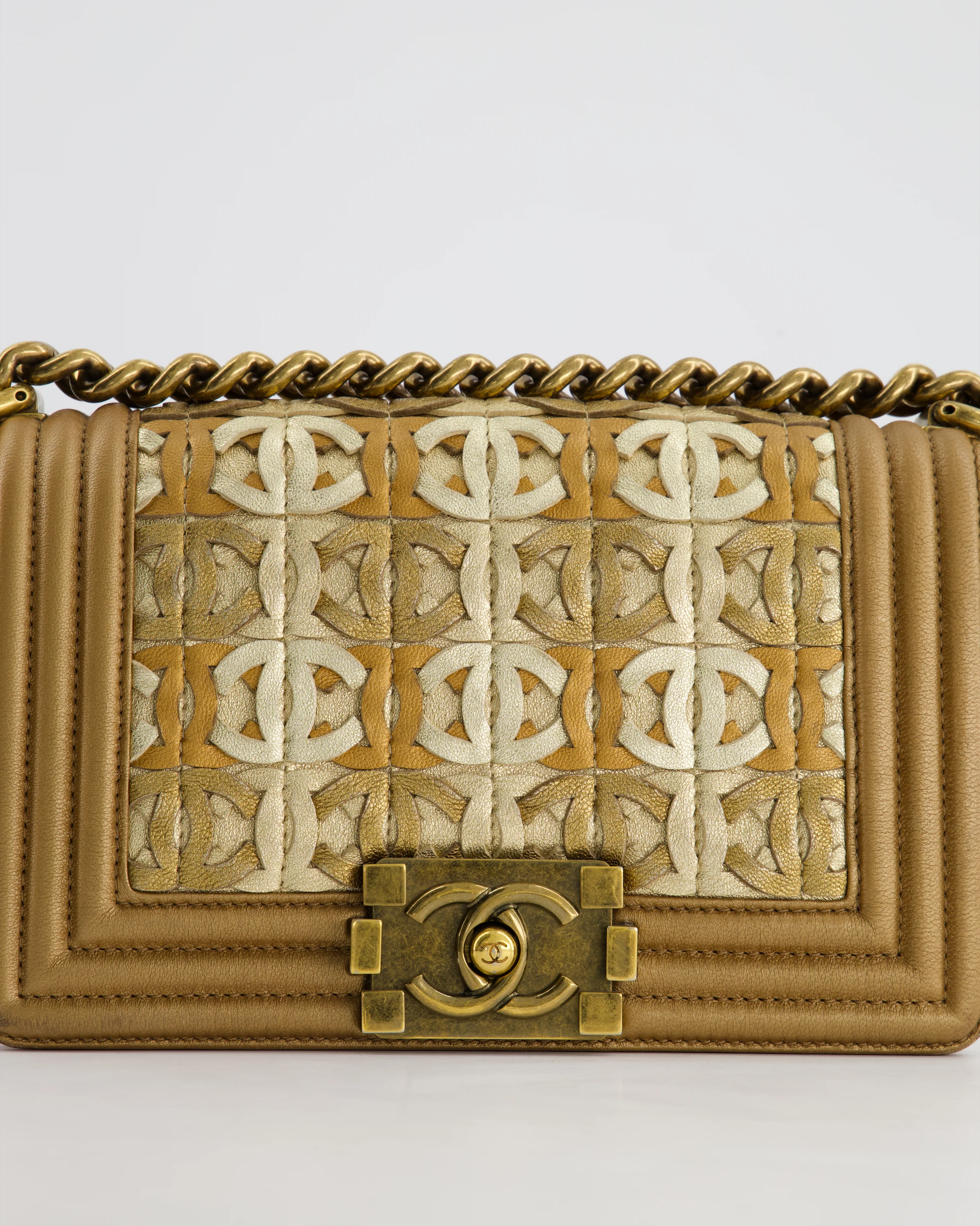 *LIMITED EDITION* Chanel Gold Metallic Small Boy Bag In Calfskin Leather with Antique Gold Hardware CC Details - Image 9