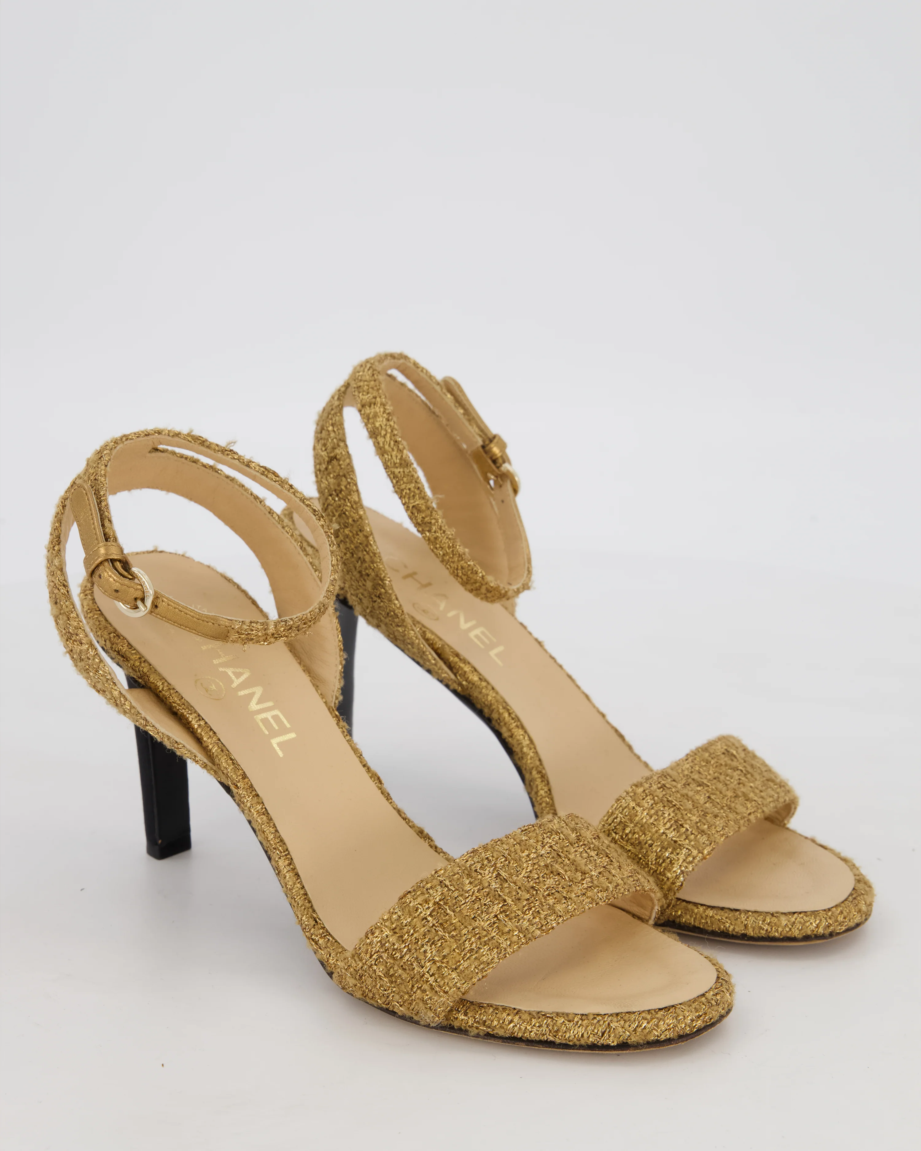 Chanel Gold Tweed CC Open-Toe Heels Size EU 37.5C - Image 2