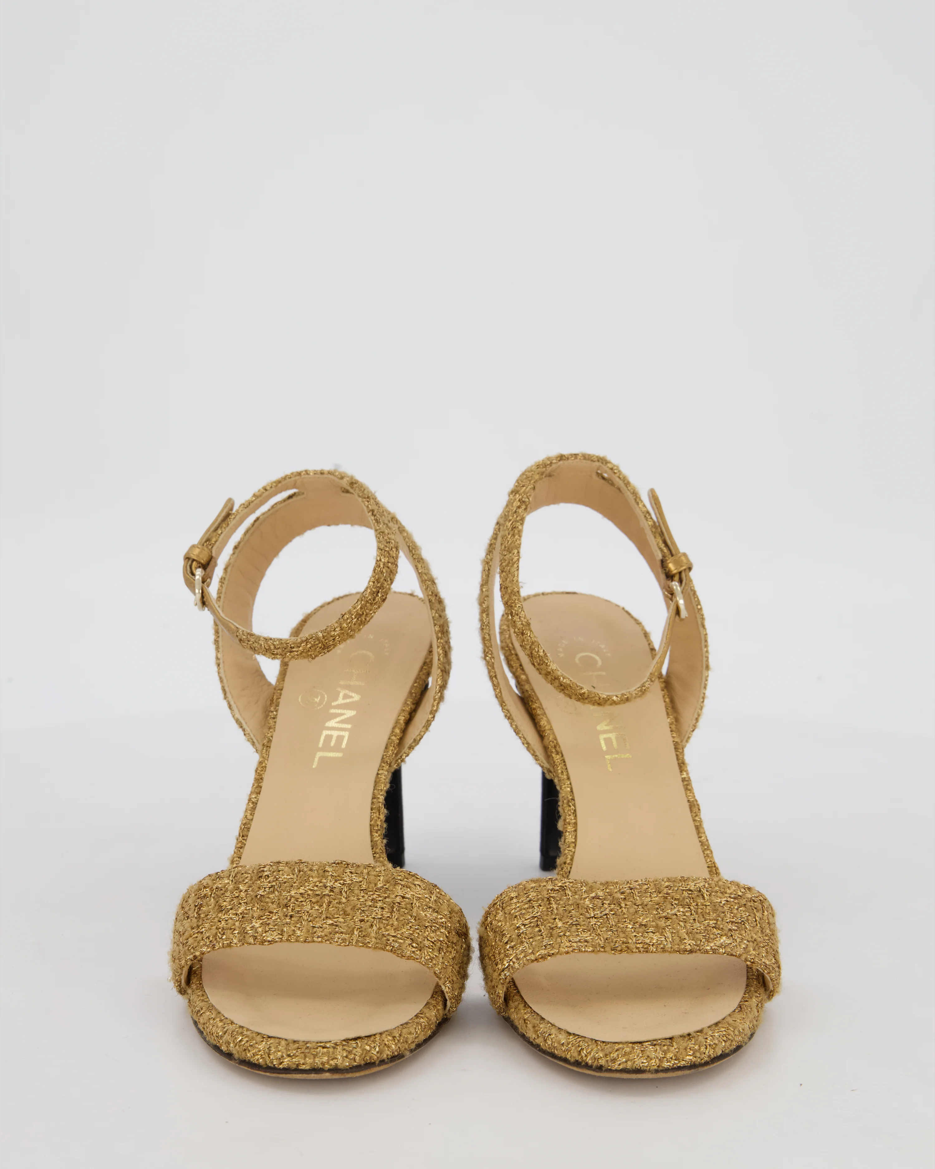Chanel Gold Tweed CC Open-Toe Heels Size EU 37.5C - Image 4