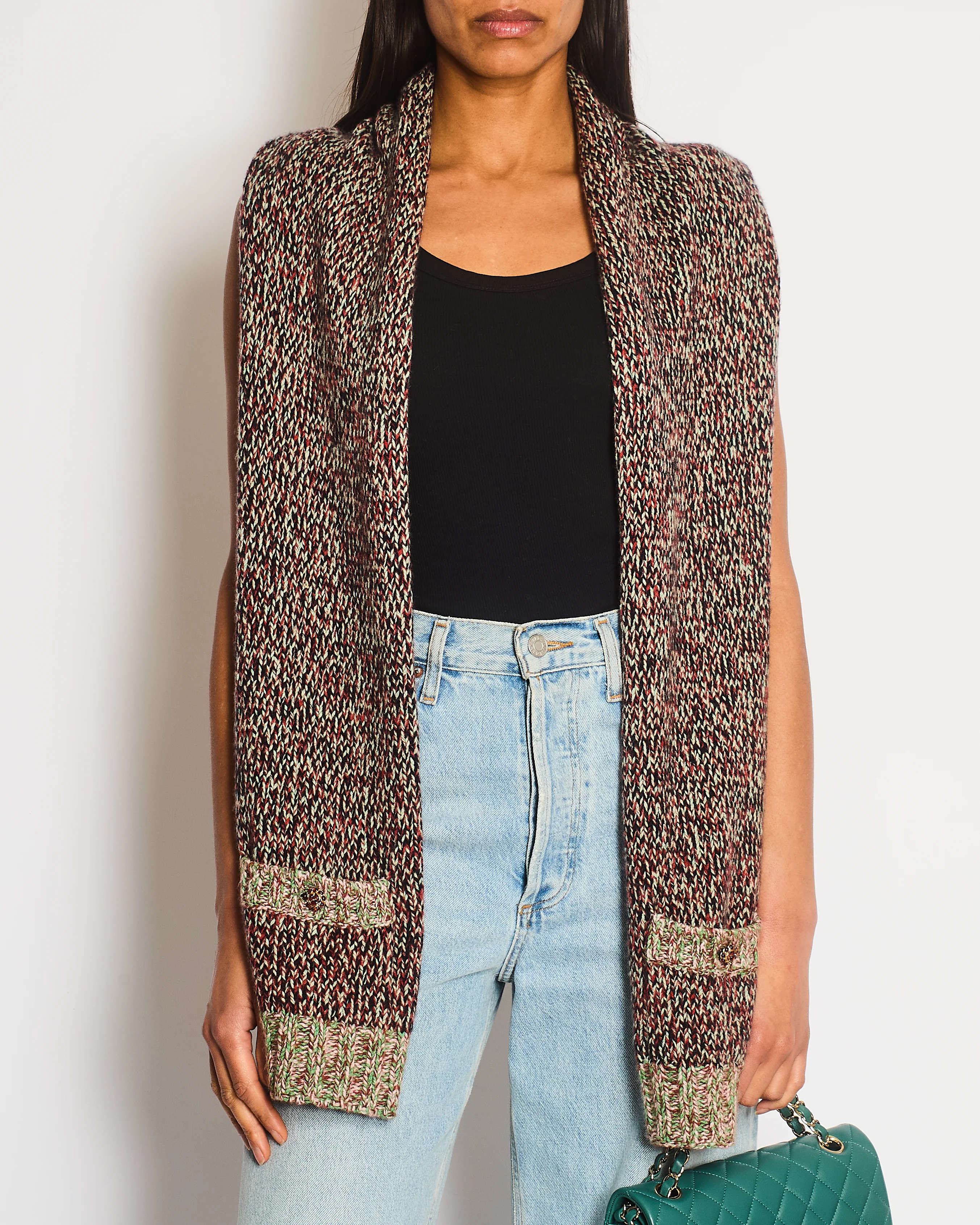 Chanel Green & Burgundy Knitted Scarf Gilet with CC Pocket Detail Size L (UK 12/14) - Image 3
