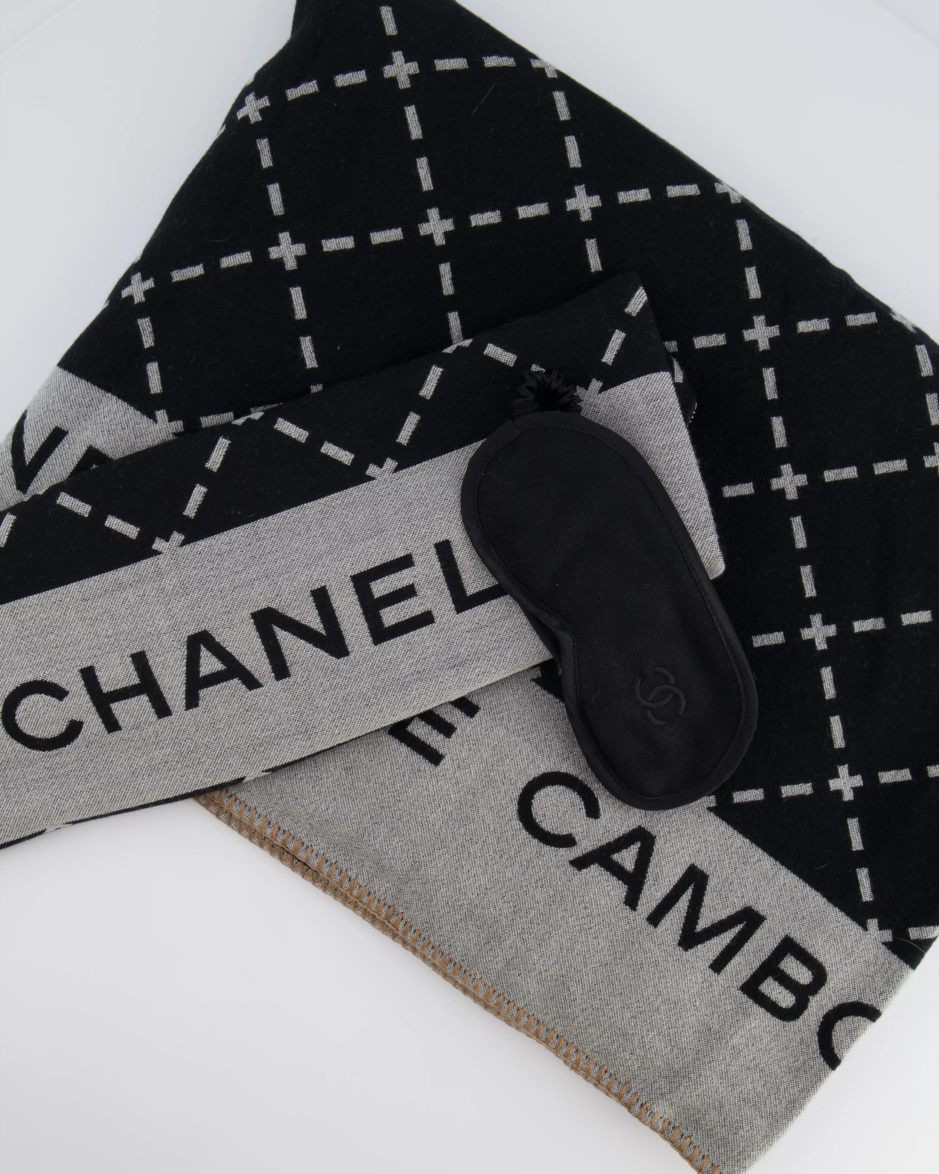 Chanel Grey and Black Wool Blanket, with Pouch and Eye Mask Set with CC Logo Prints