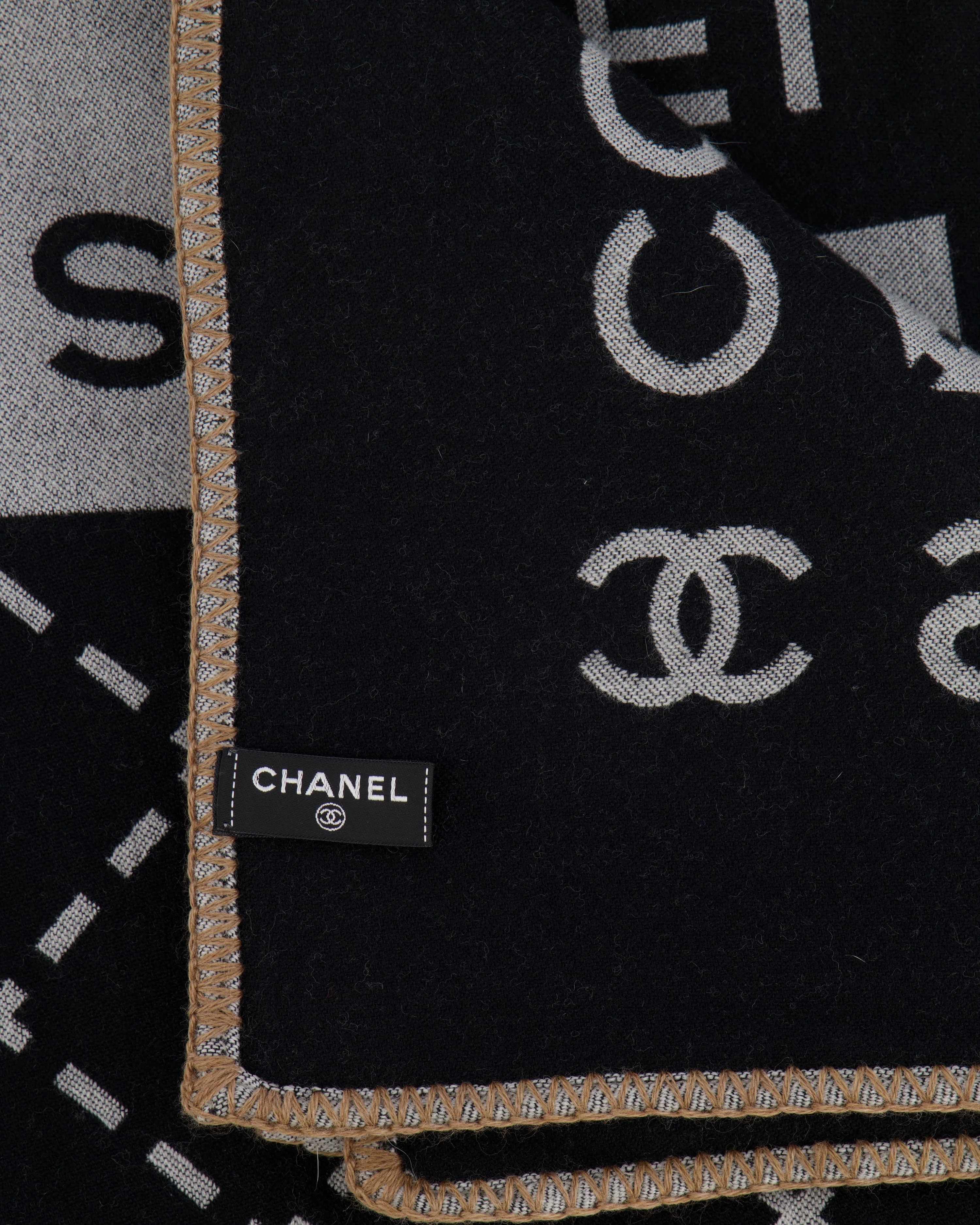 Chanel Grey and Black Wool Blanket, with Pouch and Eye Mask Set with CC Logo Prints - Image 8