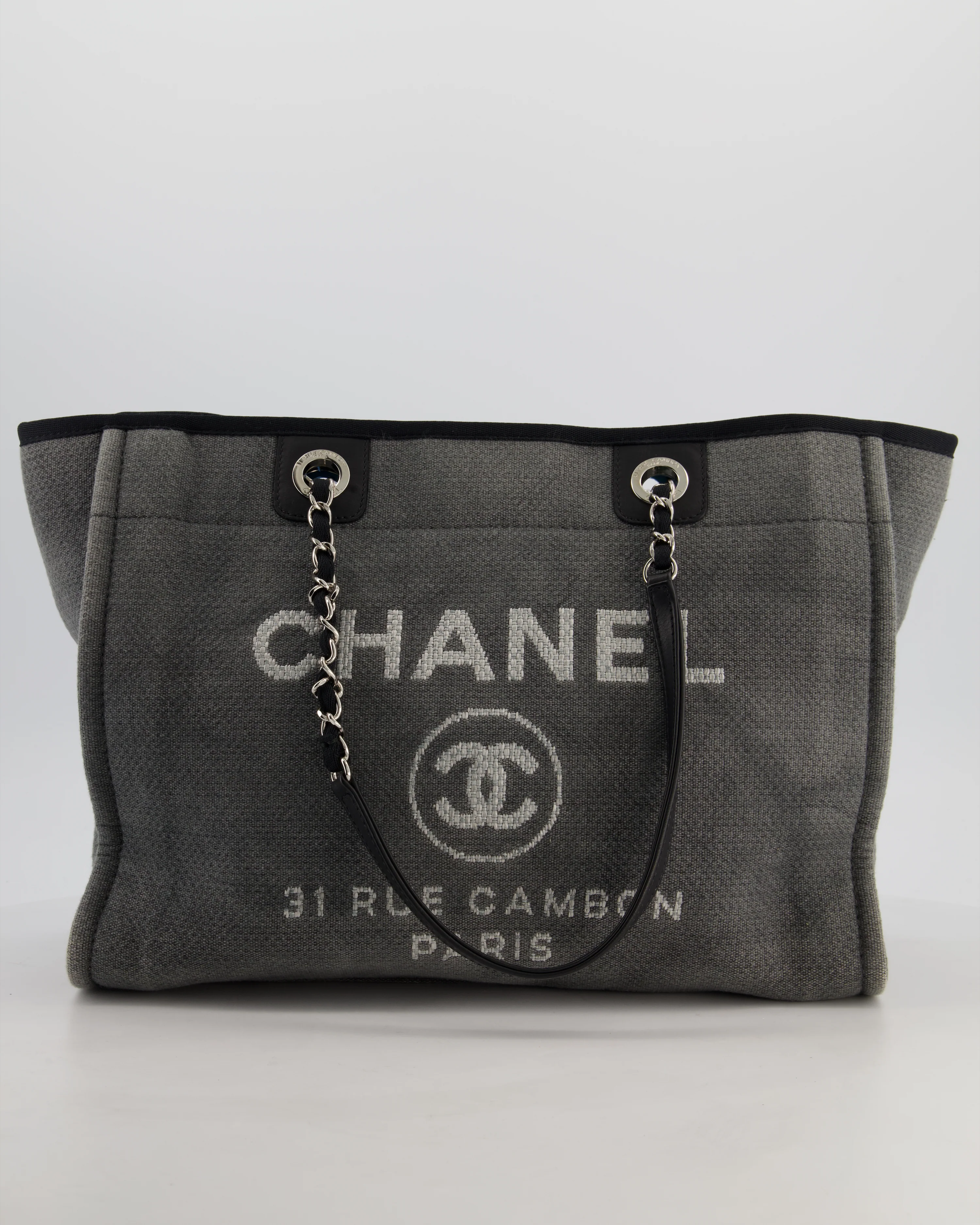 Chanel Grey Black Small Canvas Deauville Tote Bag with Silver Hardware