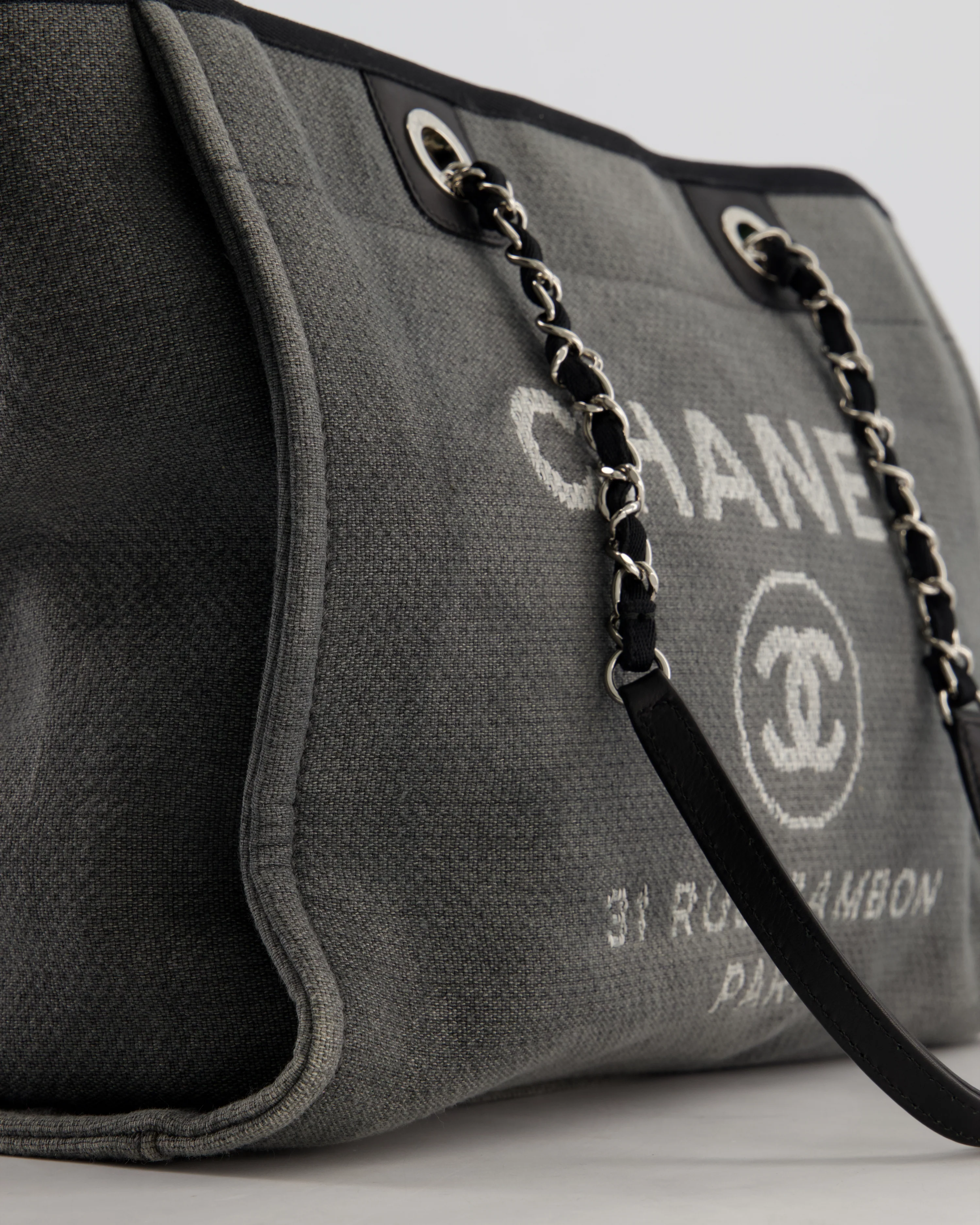 Chanel Grey Black Small Canvas Deauville Tote Bag with Silver Hardware - Image 10