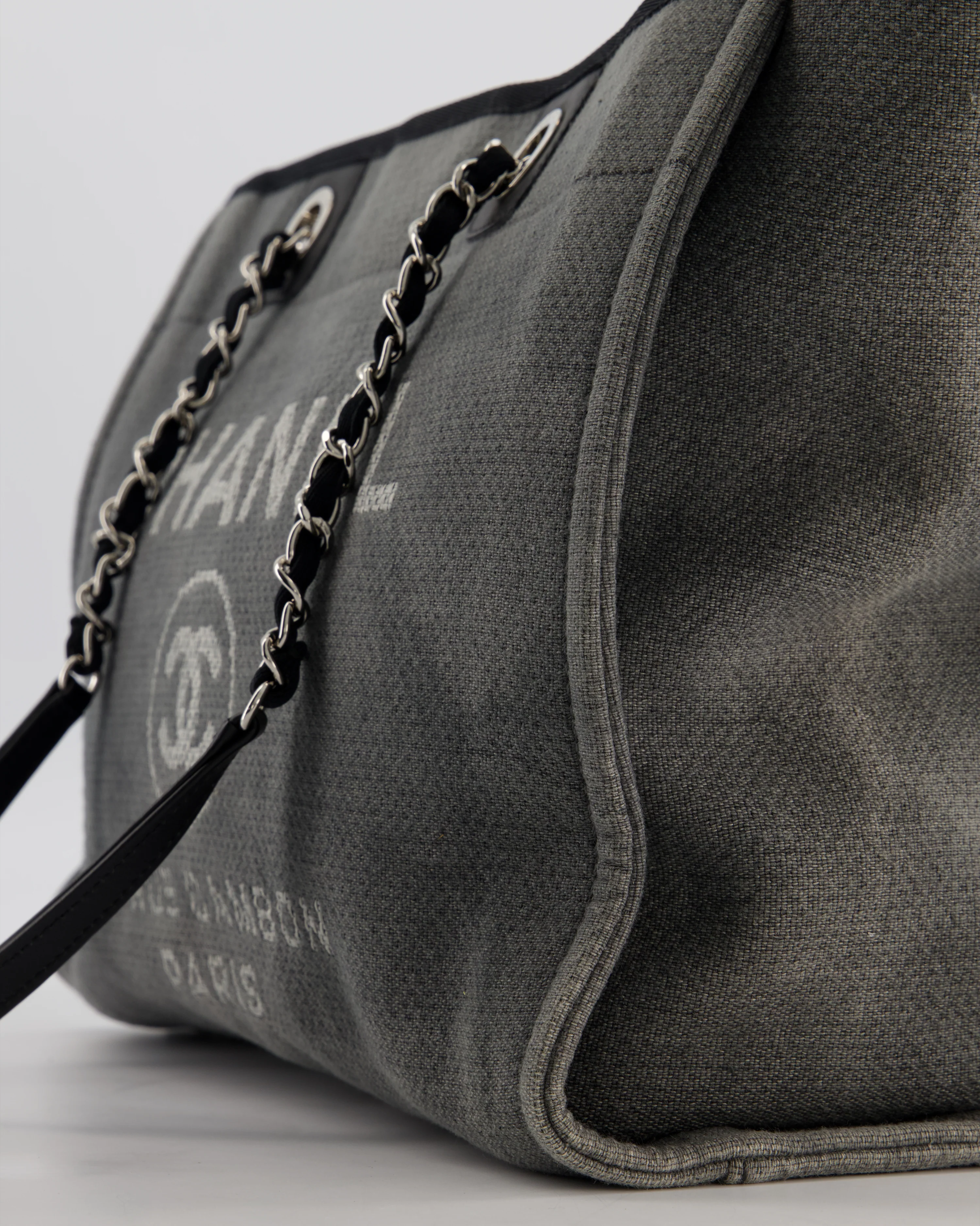 Chanel Grey Black Small Canvas Deauville Tote Bag with Silver Hardware - Image 11