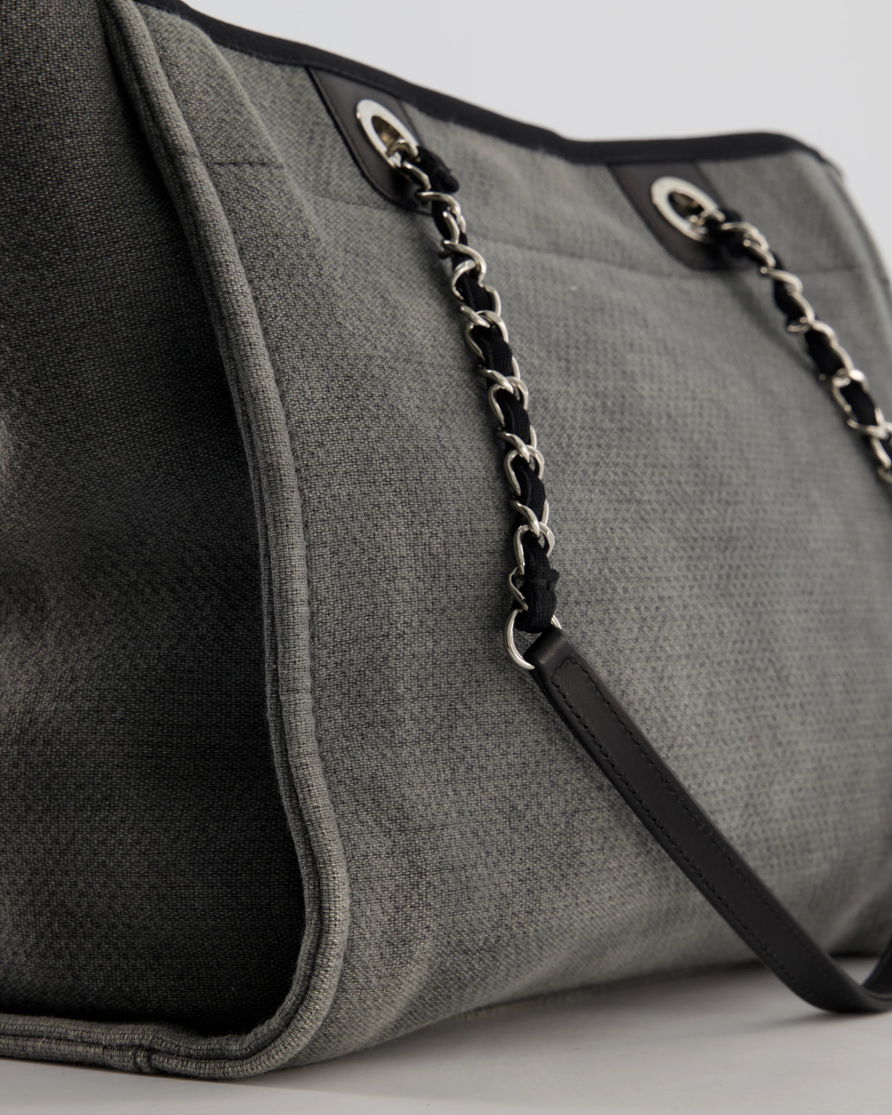 Chanel Grey Black Small Canvas Deauville Tote Bag with Silver Hardware - Image 13
