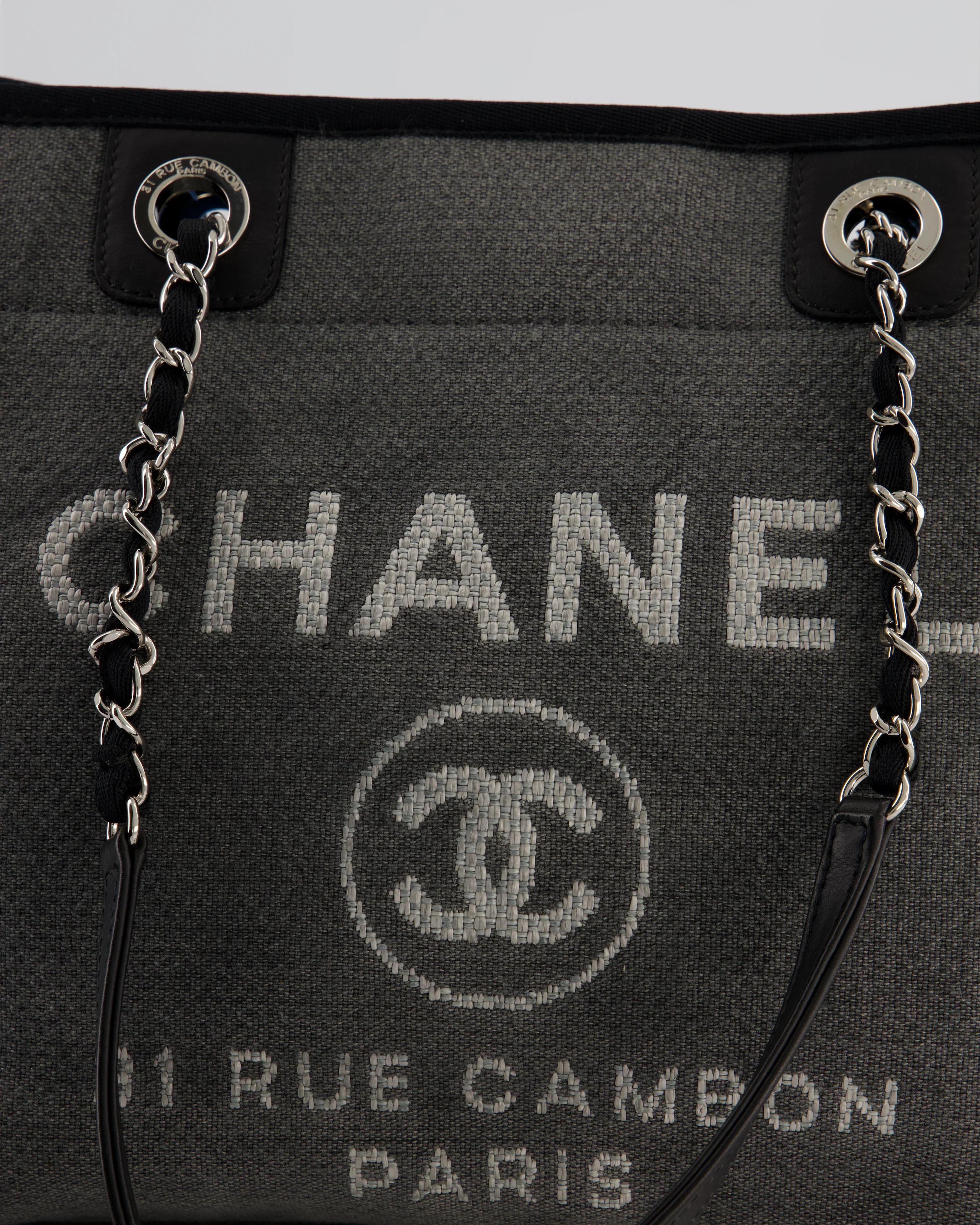 Chanel Grey Black Small Canvas Deauville Tote Bag with Silver Hardware - Image 14