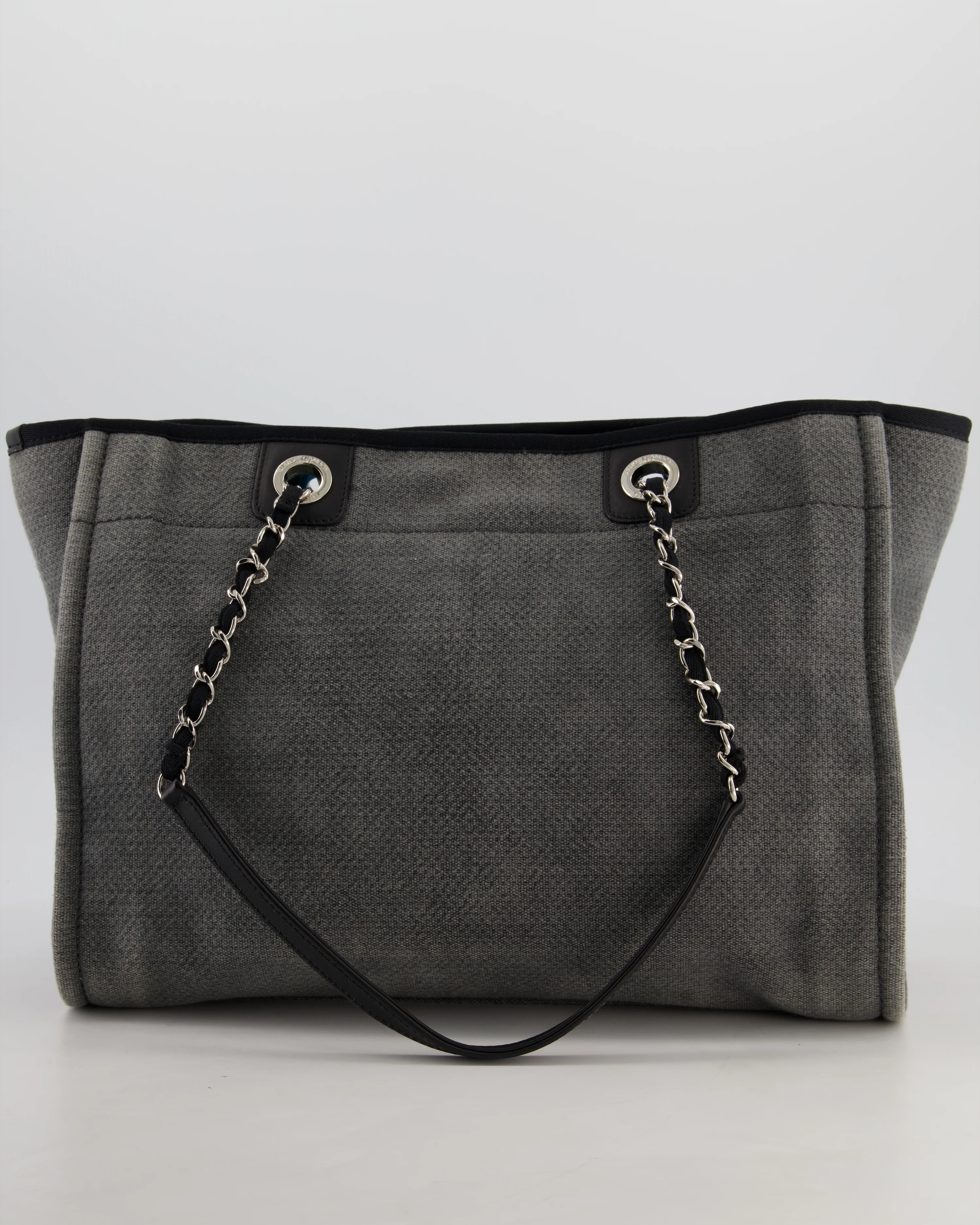 Chanel Grey Black Small Canvas Deauville Tote Bag with Silver Hardware - Image 6