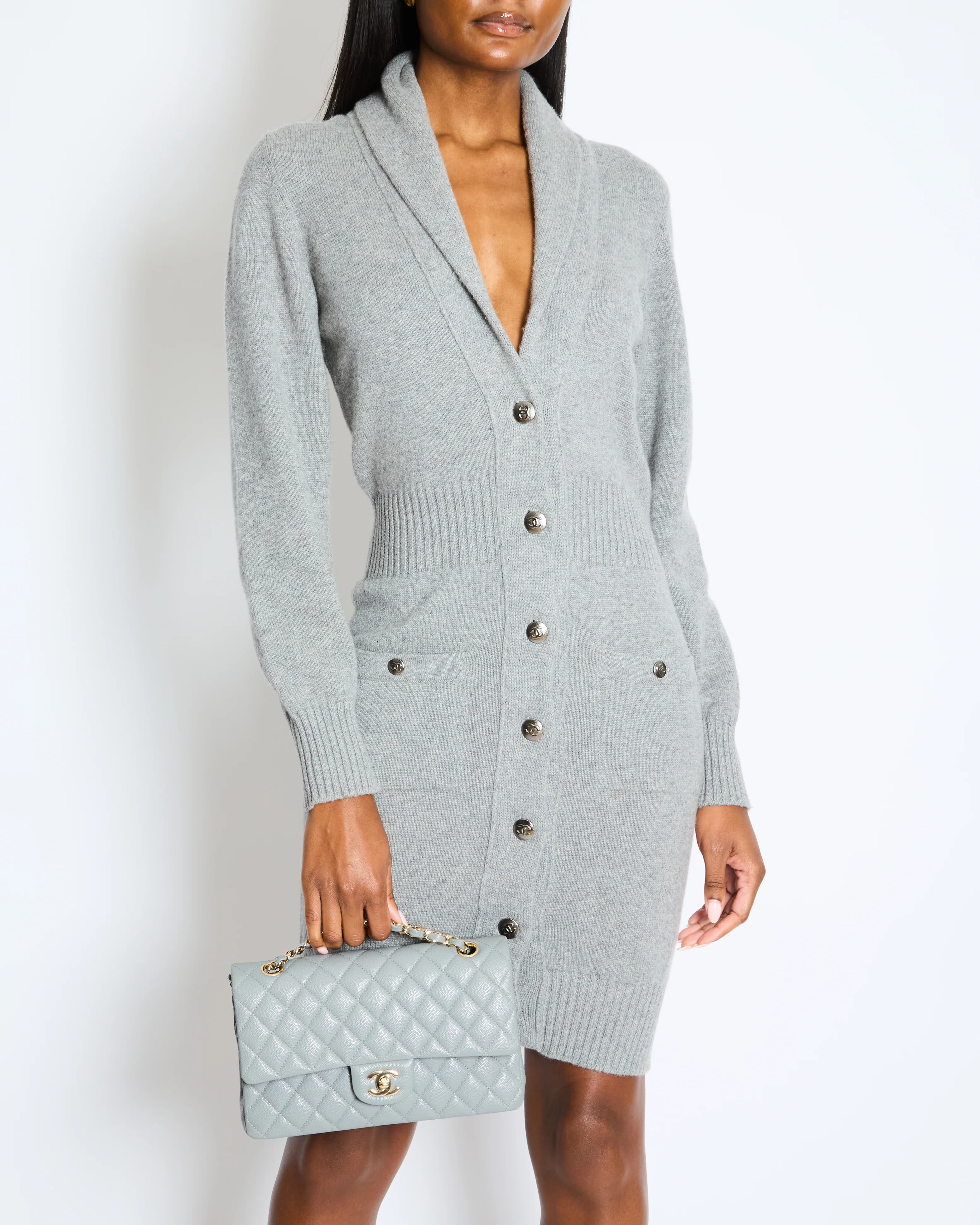 Chanel Grey Cashmere Long Cardigan with Silver CC Buttons Size FR 36 (UK 8) - Image 2