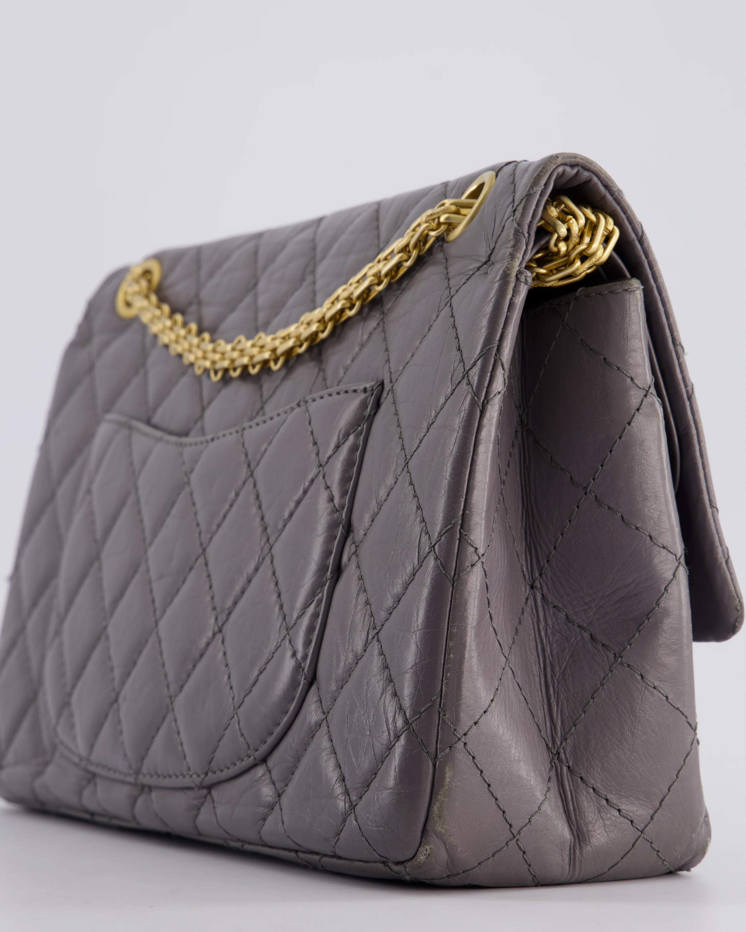 Chanel Grey Medium Reissue 2.55 Double Flap Bag in Quilted Crumpled Calfskin with Aged Gold Hardware - Image 13