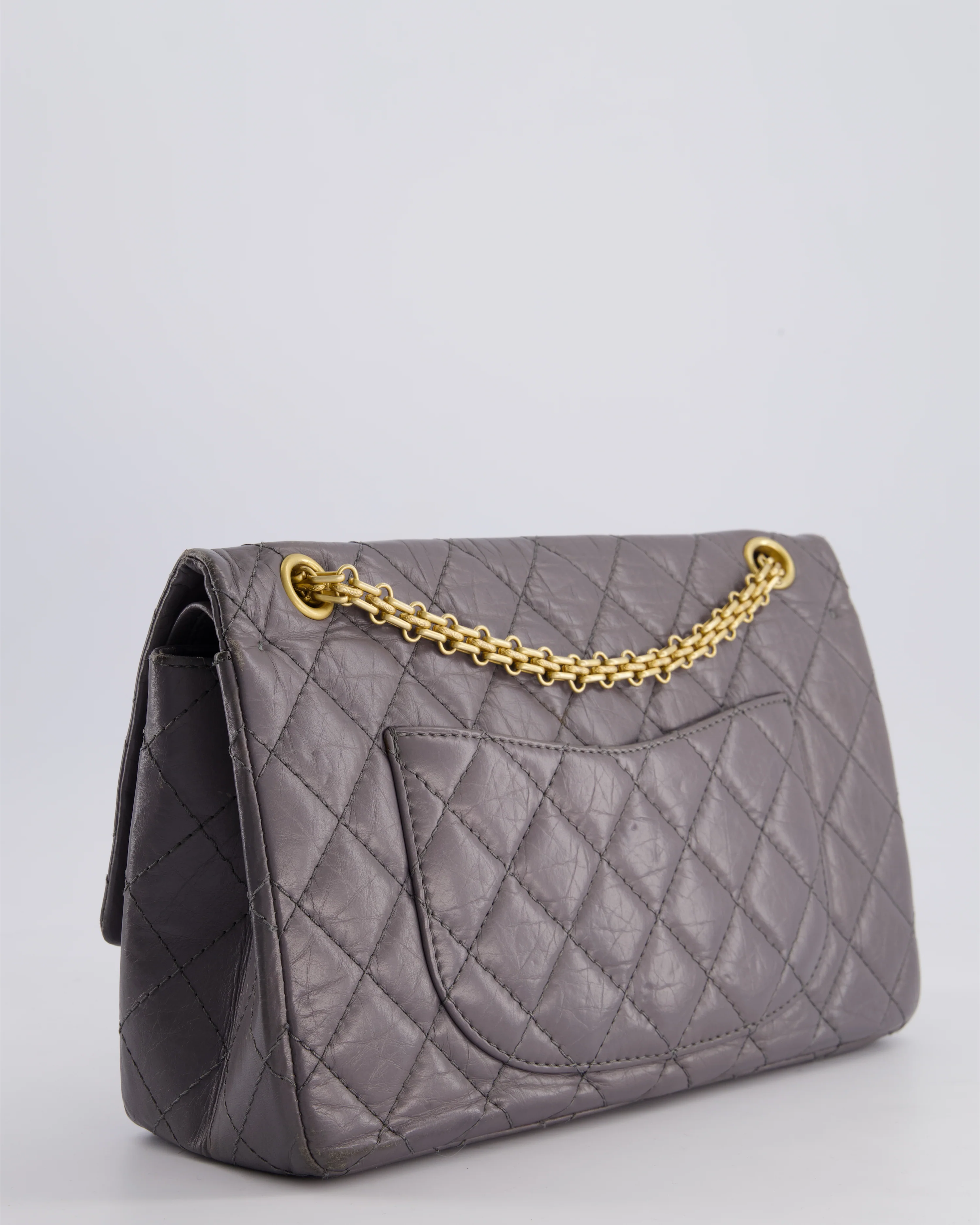 Chanel Grey Medium Reissue 2.55 Double Flap Bag in Quilted Crumpled Calfskin with Aged Gold Hardware - Image 9