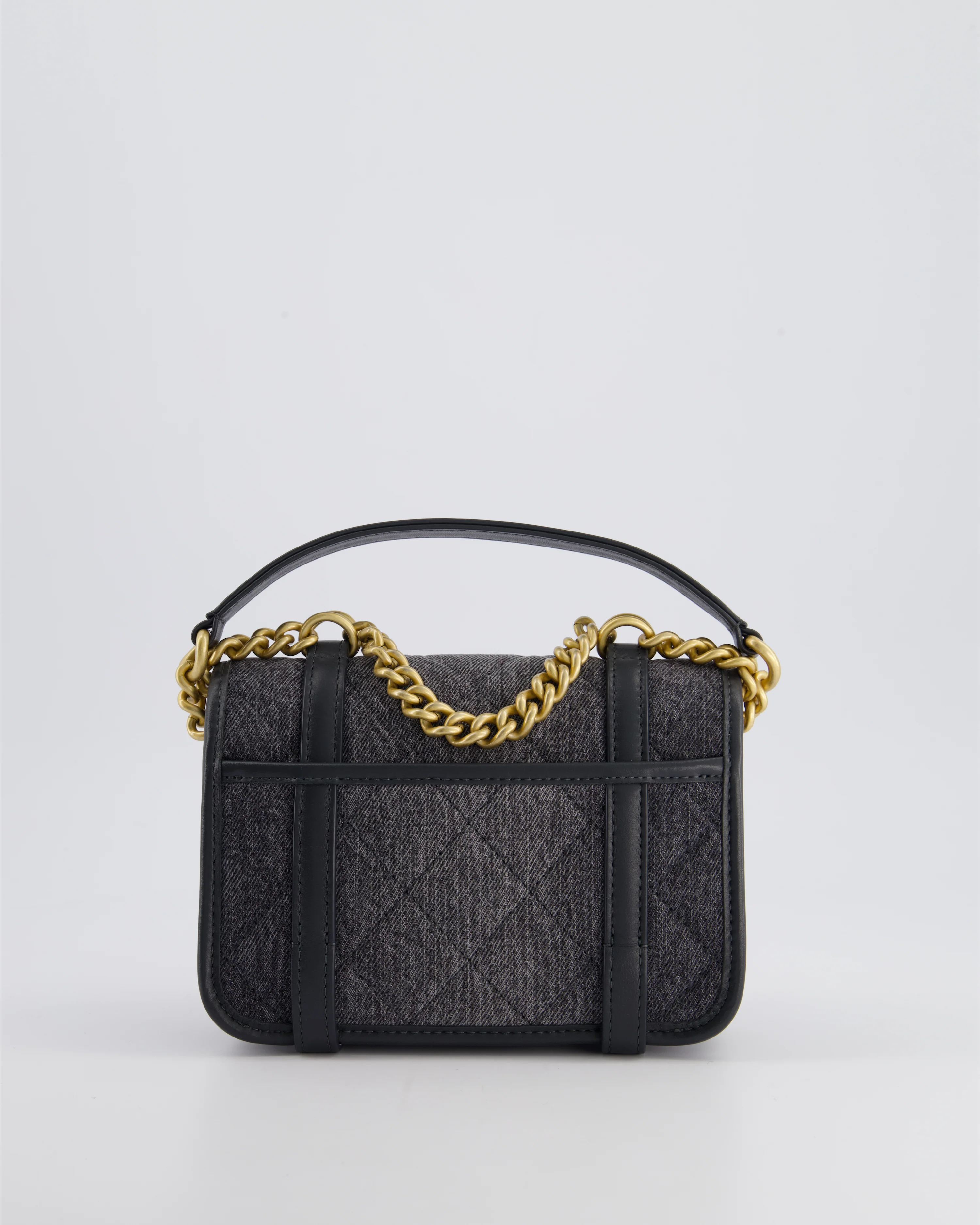 Chanel Grey Mini Denim Flap Bag with Brushed Gold Hardware and Charm Detail - Image 11