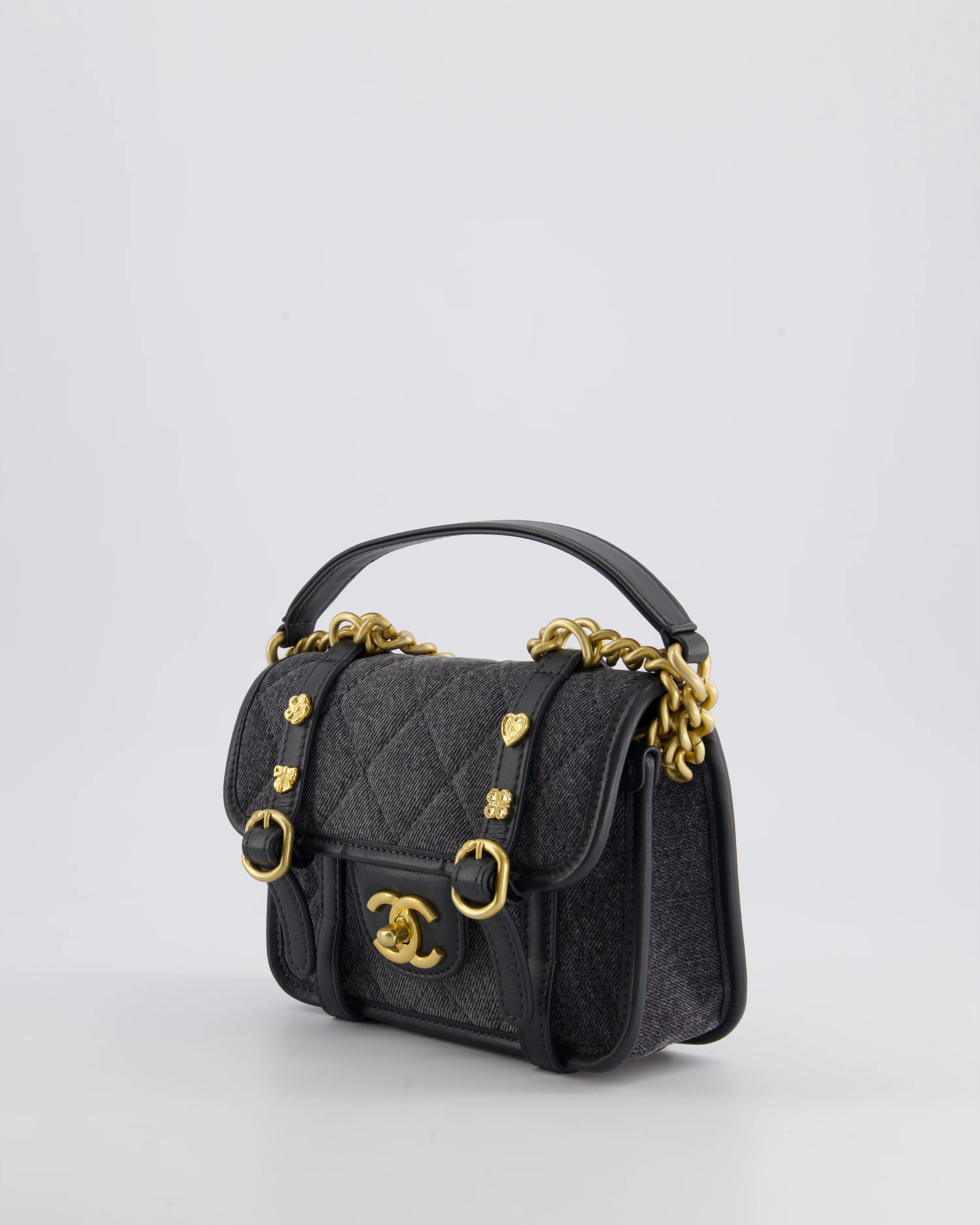 Chanel Grey Mini Denim Flap Bag with Brushed Gold Hardware and Charm Detail - Image 14
