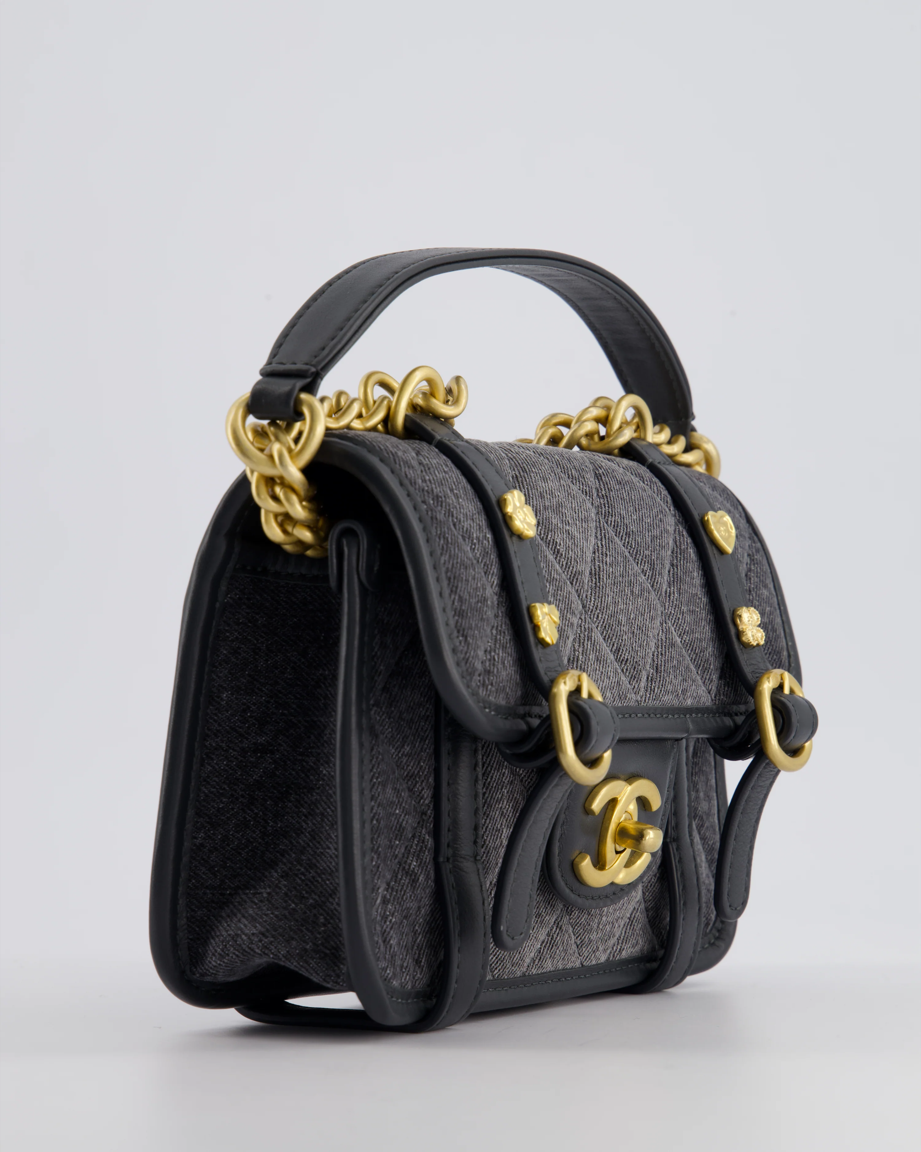 Chanel Grey Mini Denim Flap Bag with Brushed Gold Hardware and Charm Detail - Image 15