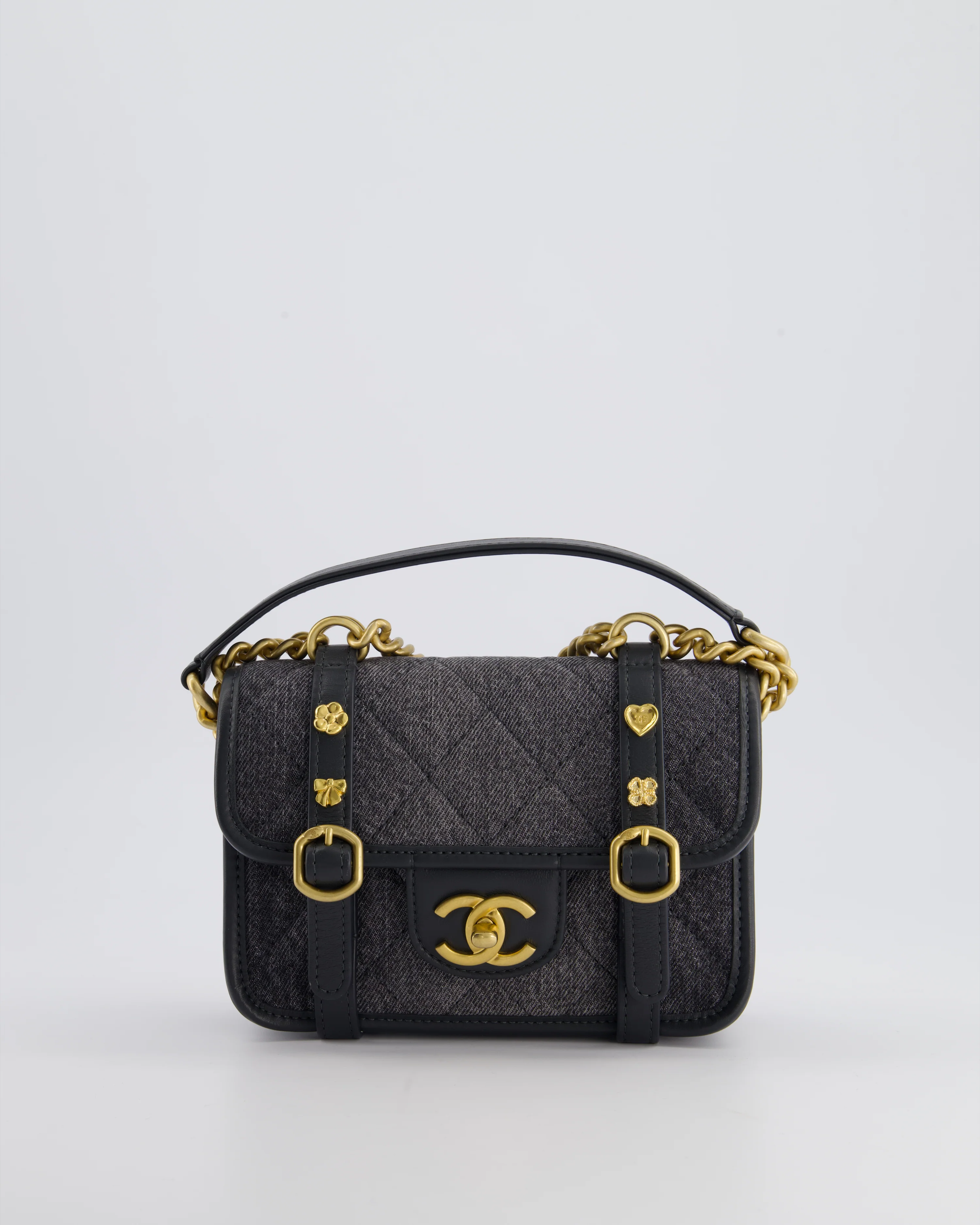 Chanel Grey Mini Denim Flap Bag with Brushed Gold Hardware and Charm Detail - Image 6
