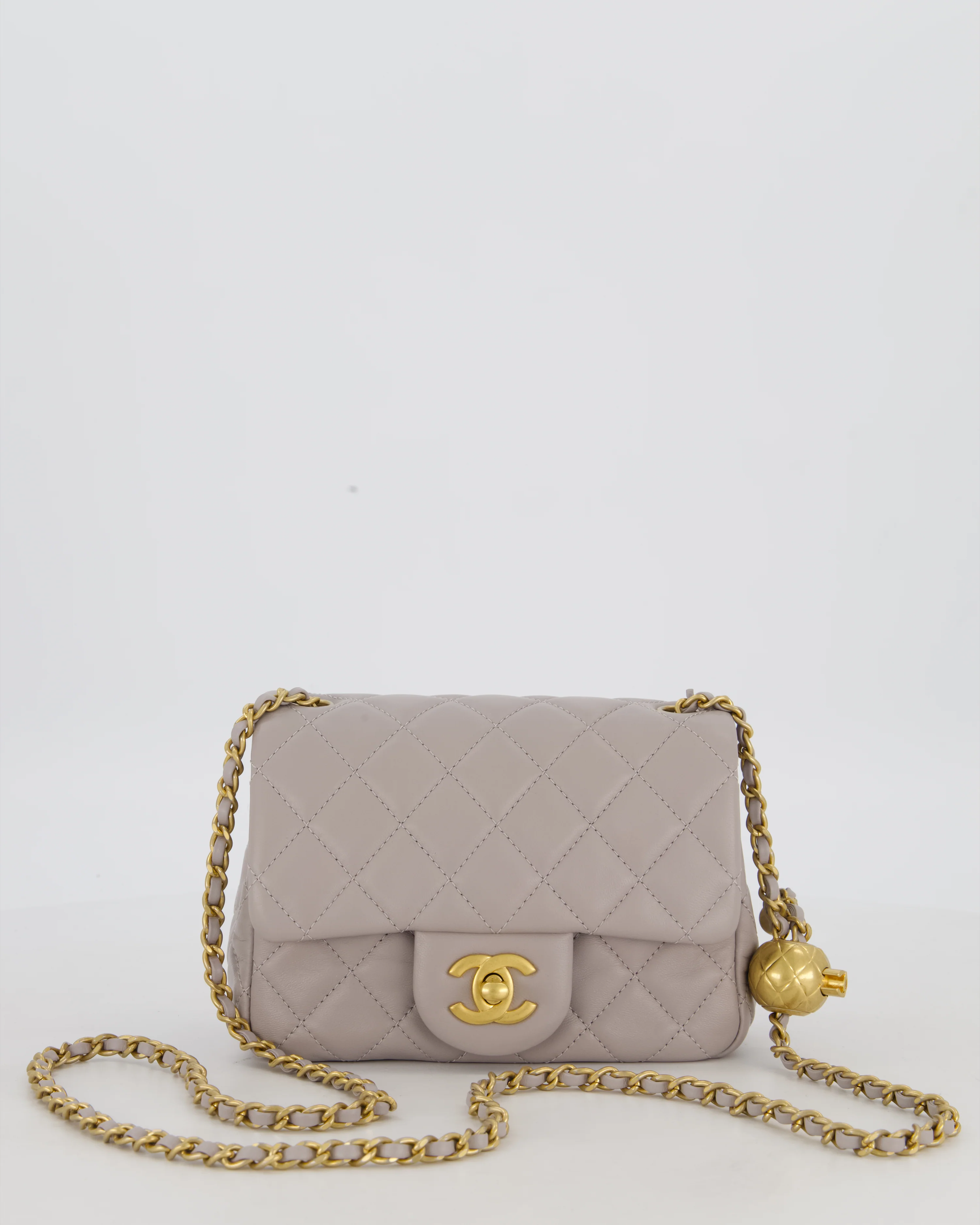 *HOT* Chanel Light Grey Pearl Crush Mini Flap Bag In Lambskin Leather With Gold Hardware