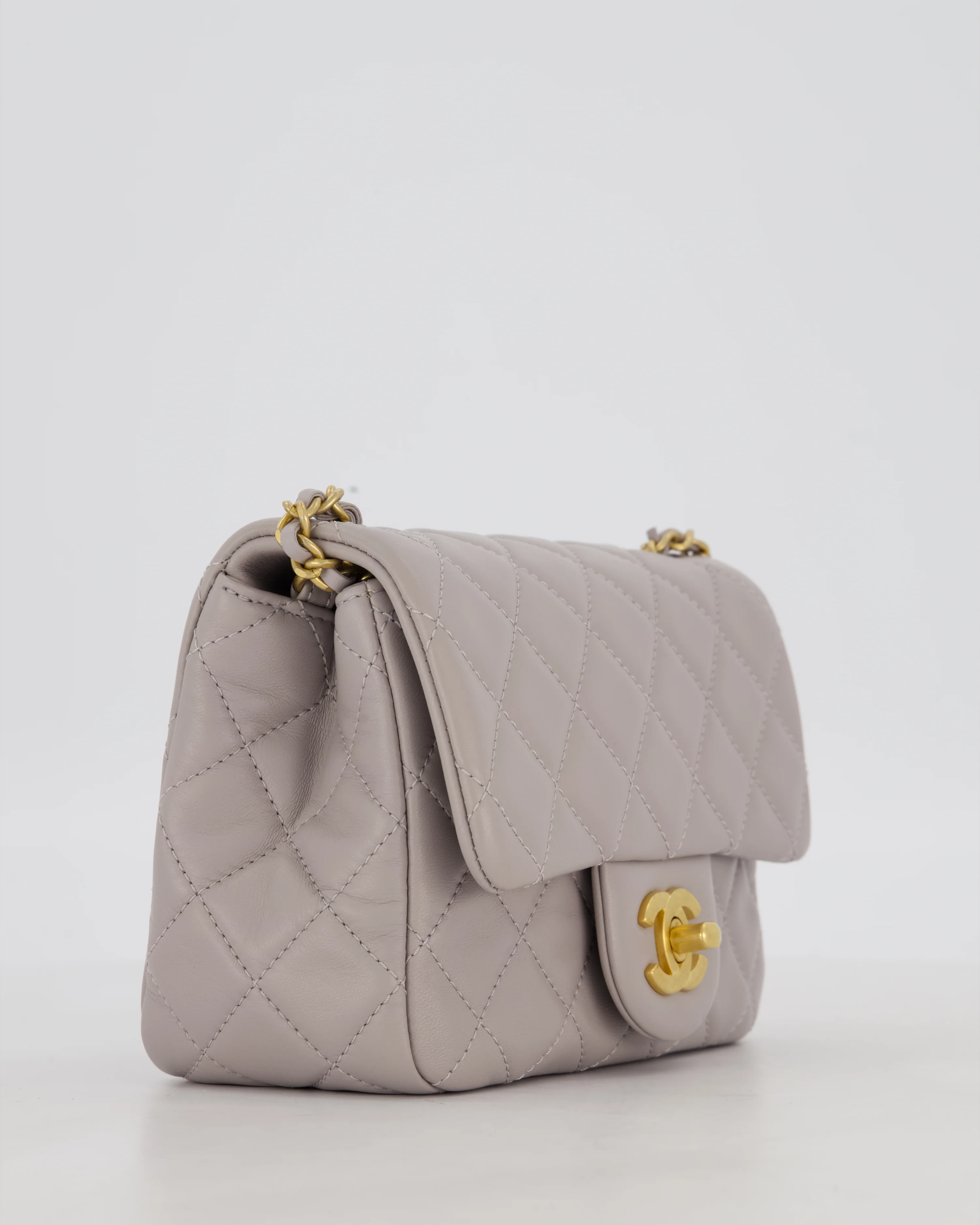 *HOT* Chanel Light Grey Pearl Crush Mini Flap Bag In Lambskin Leather With Gold Hardware - Image 10