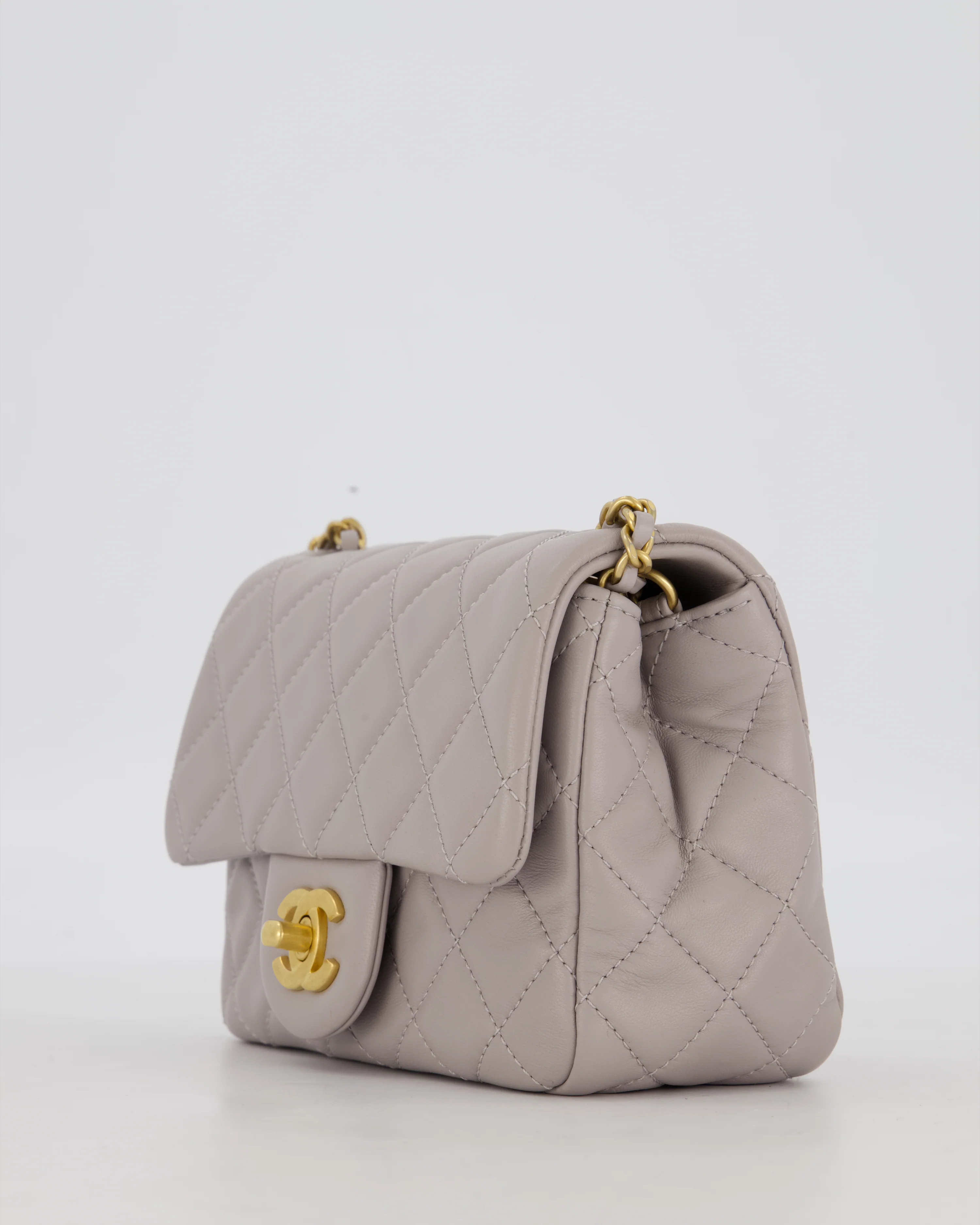 *HOT* Chanel Light Grey Pearl Crush Mini Flap Bag In Lambskin Leather With Gold Hardware - Image 11