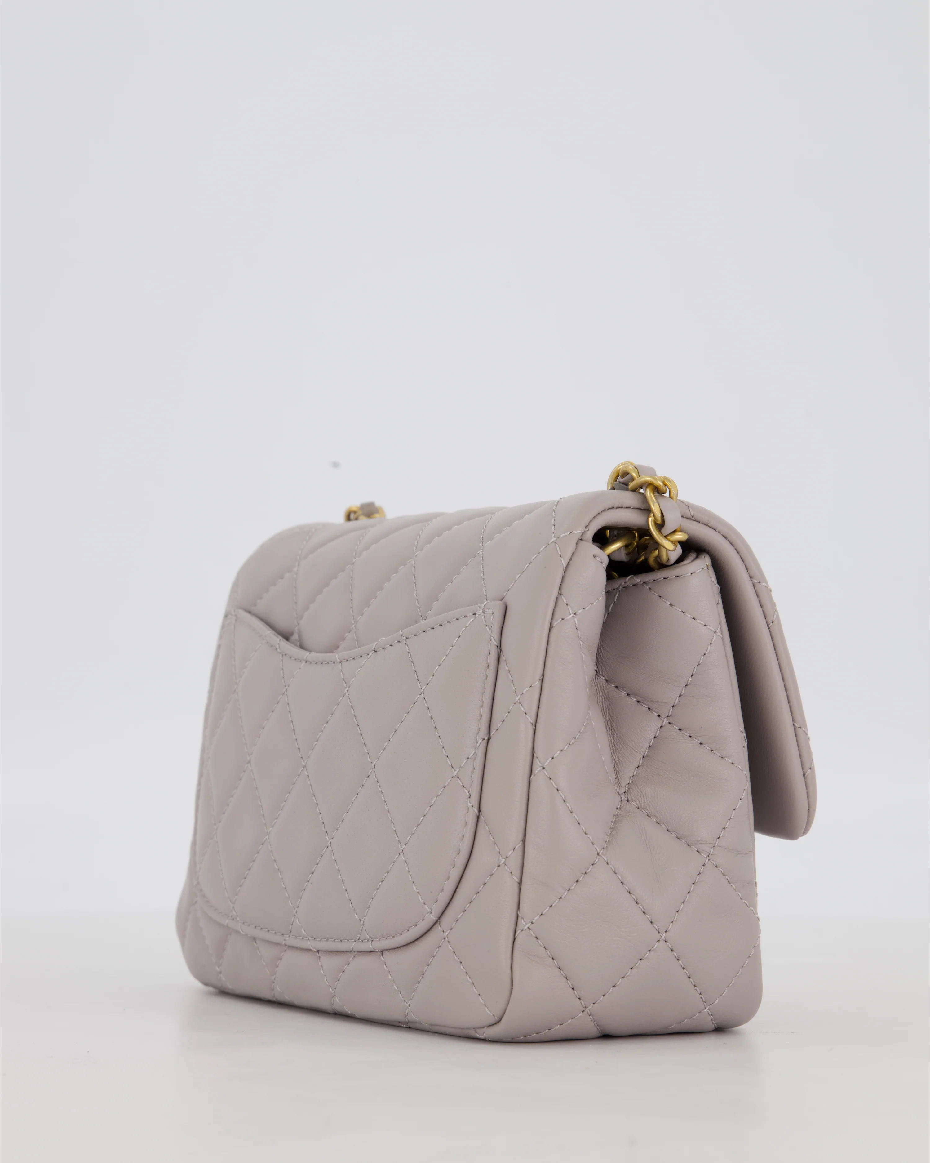 *HOT* Chanel Light Grey Pearl Crush Mini Flap Bag In Lambskin Leather With Gold Hardware - Image 12
