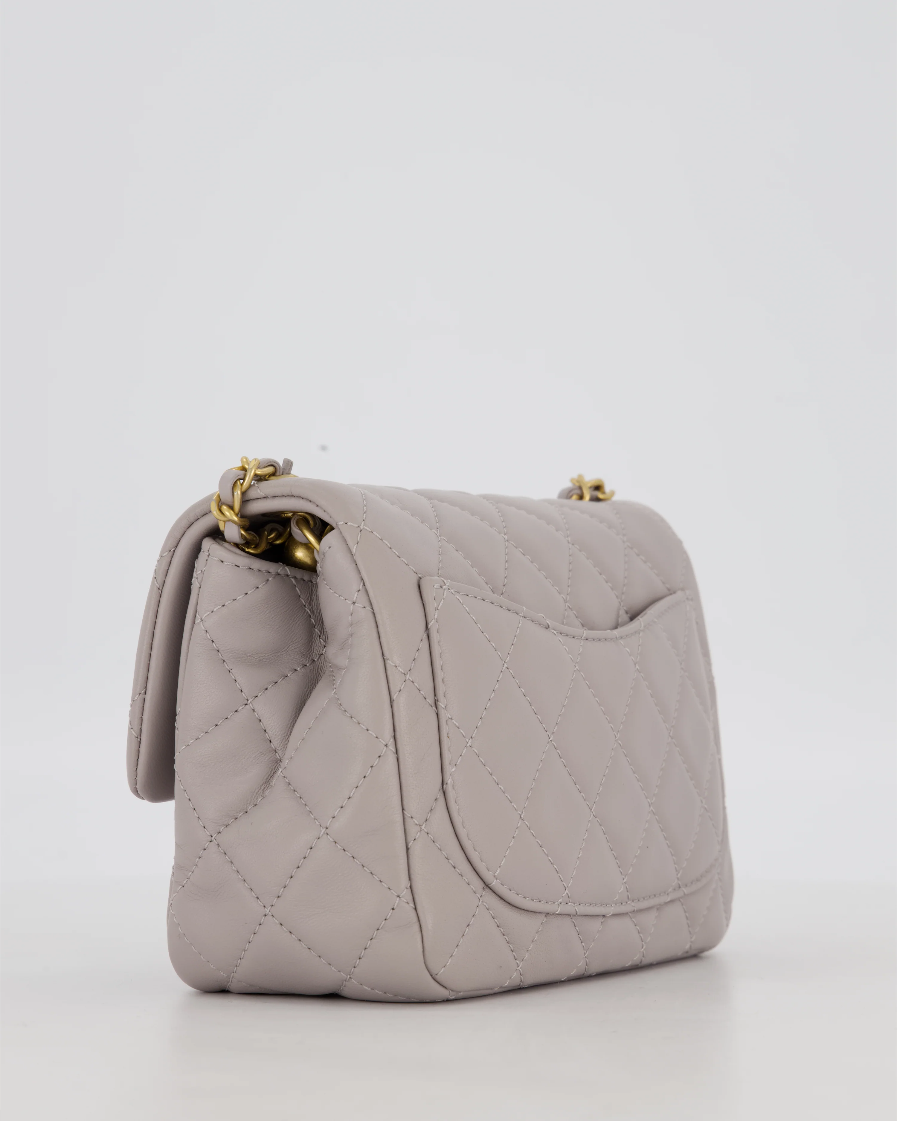 *HOT* Chanel Light Grey Pearl Crush Mini Flap Bag In Lambskin Leather With Gold Hardware - Image 13