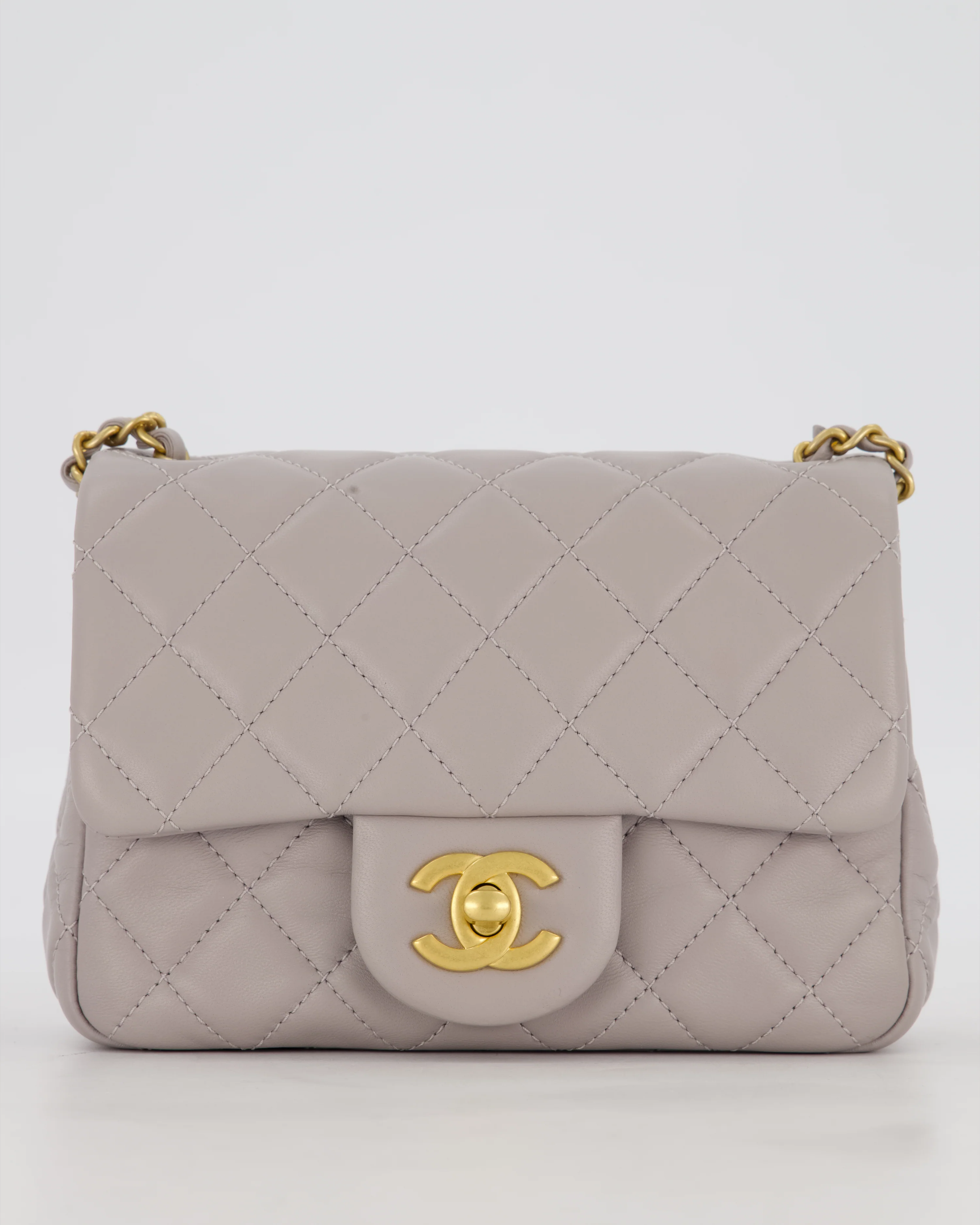 *HOT* Chanel Light Grey Pearl Crush Mini Flap Bag In Lambskin Leather With Gold Hardware - Image 14