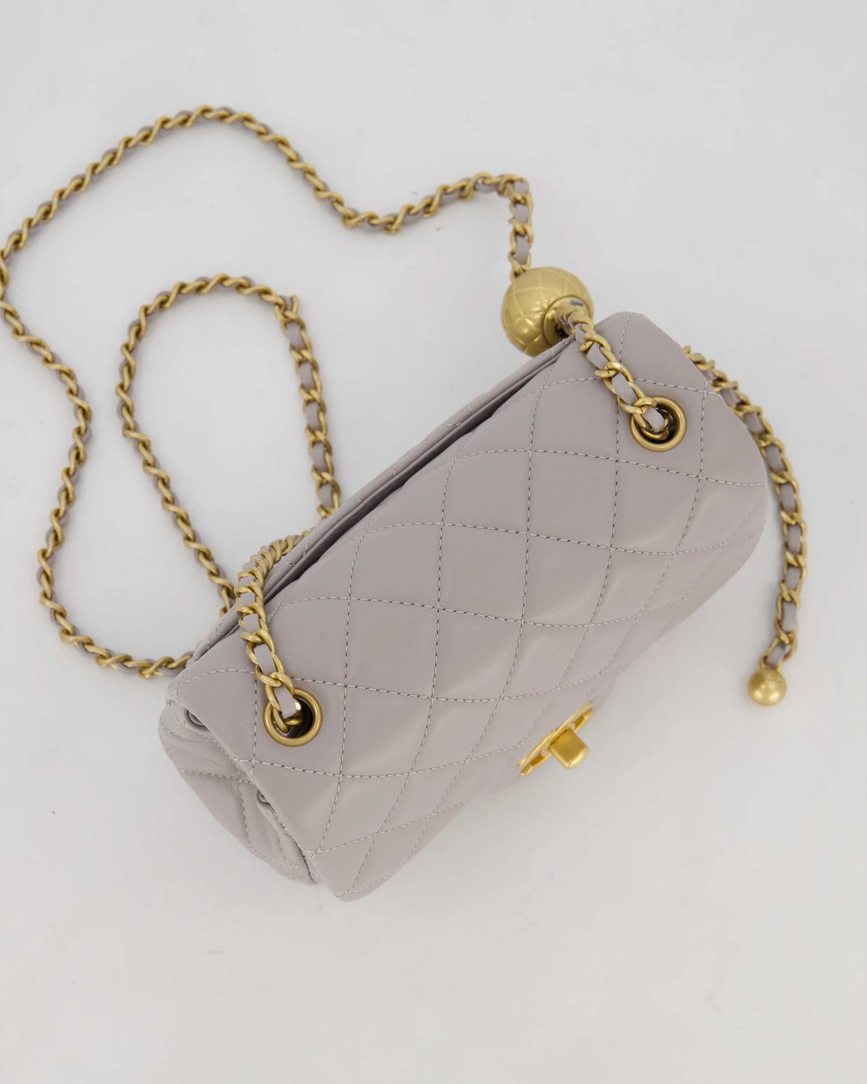 *HOT* Chanel Light Grey Pearl Crush Mini Flap Bag In Lambskin Leather With Gold Hardware - Image 16
