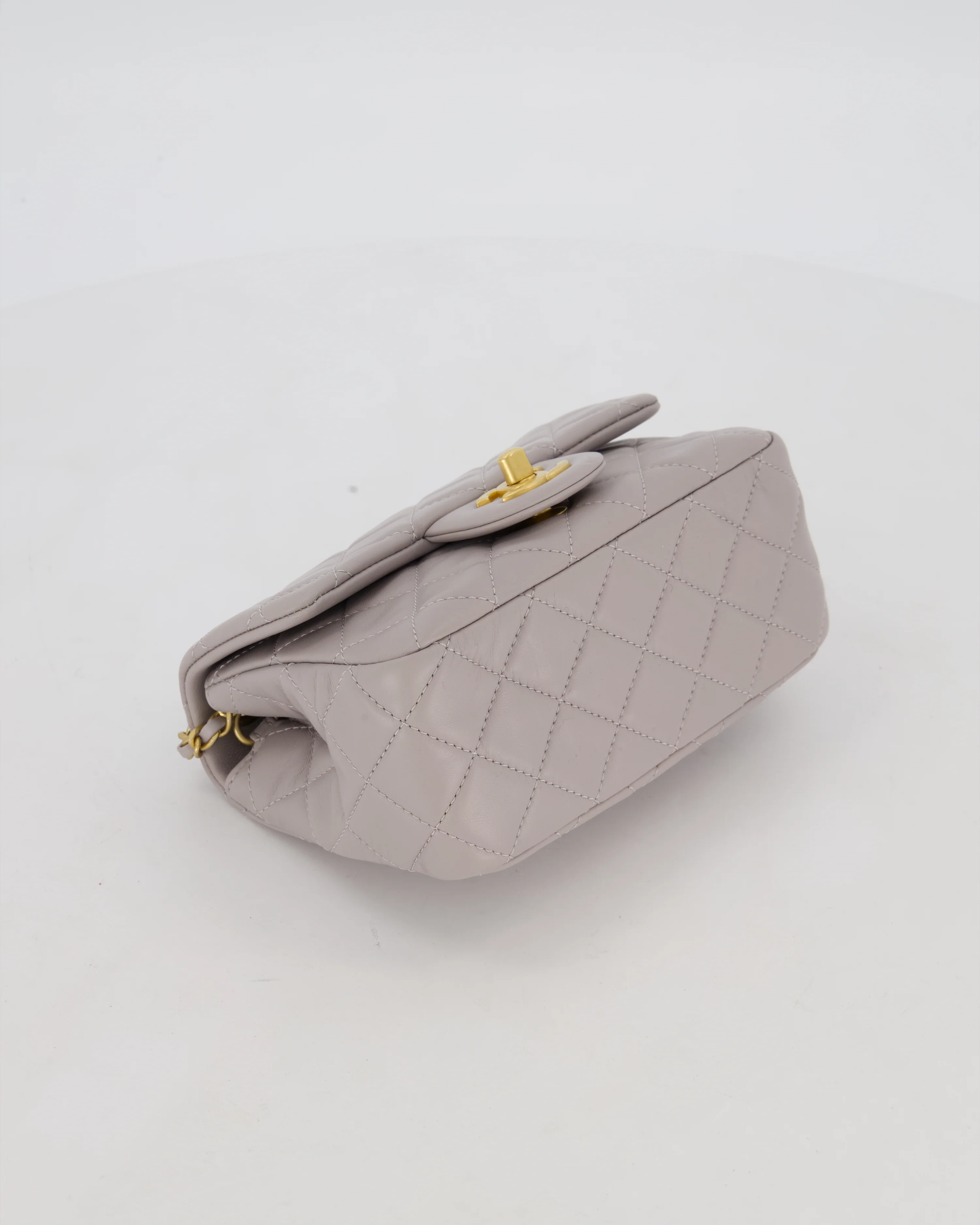 *HOT* Chanel Light Grey Pearl Crush Mini Flap Bag In Lambskin Leather With Gold Hardware - Image 17