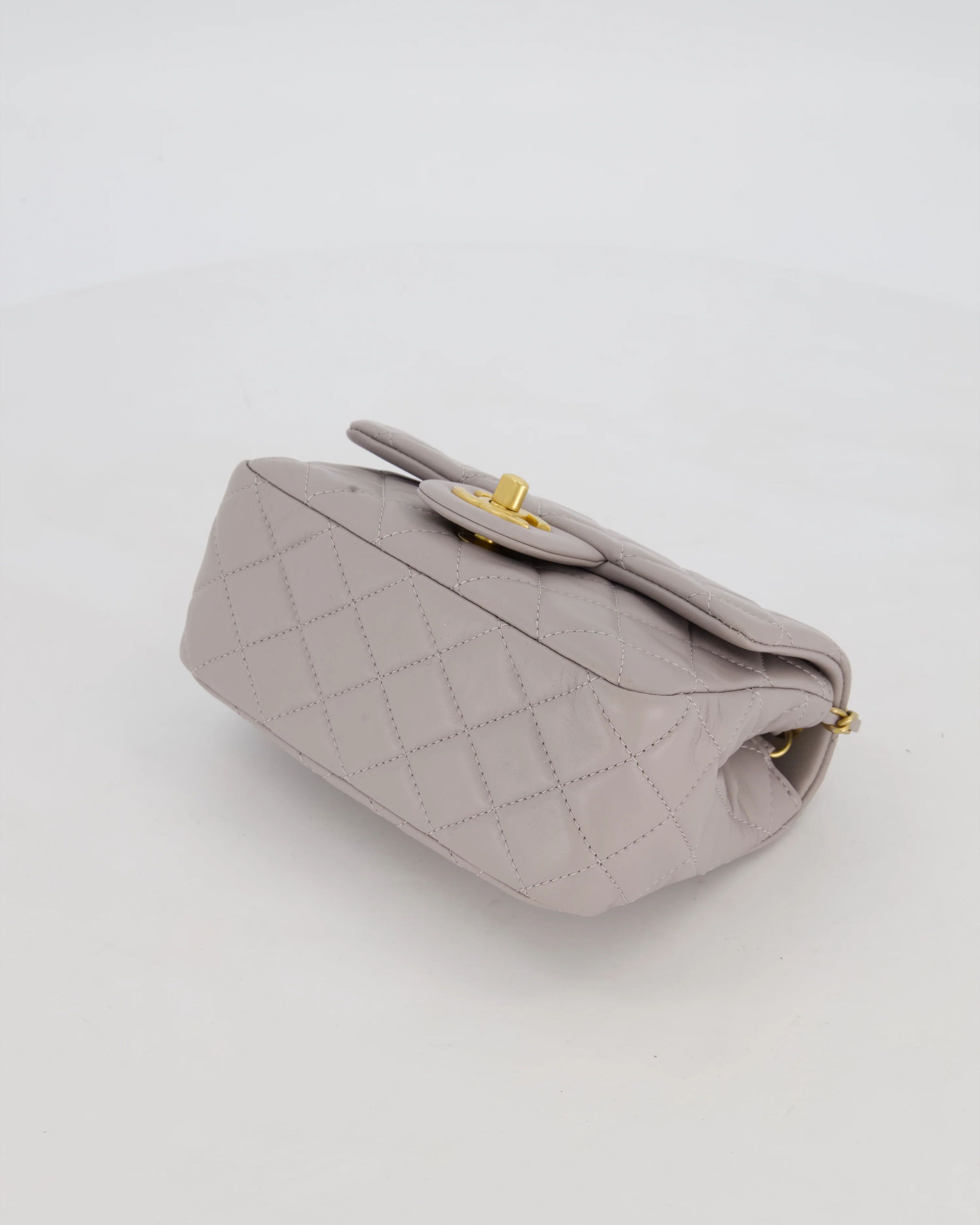*HOT* Chanel Light Grey Pearl Crush Mini Flap Bag In Lambskin Leather With Gold Hardware - Image 18