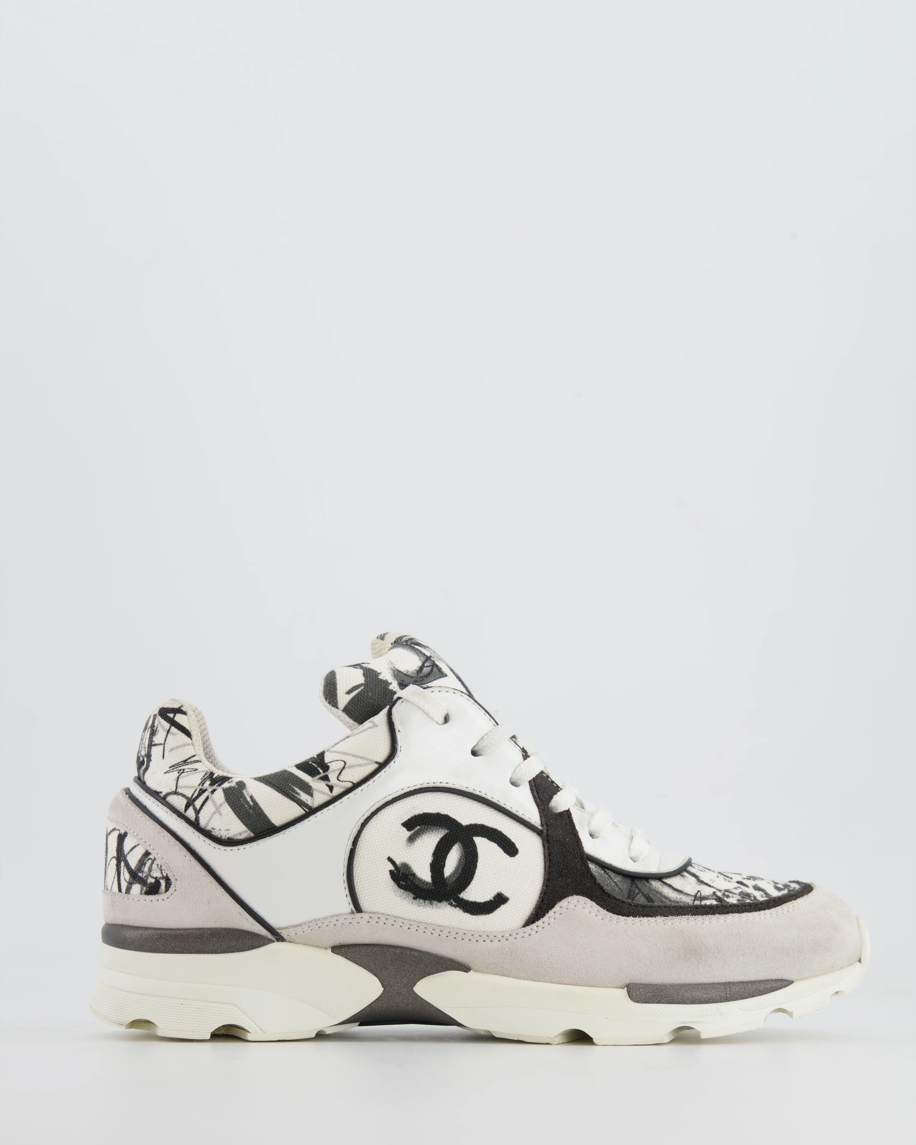 Chanel Grey, White, Black Leather and Suede Graffiti CC Trainers Size EU 38.5