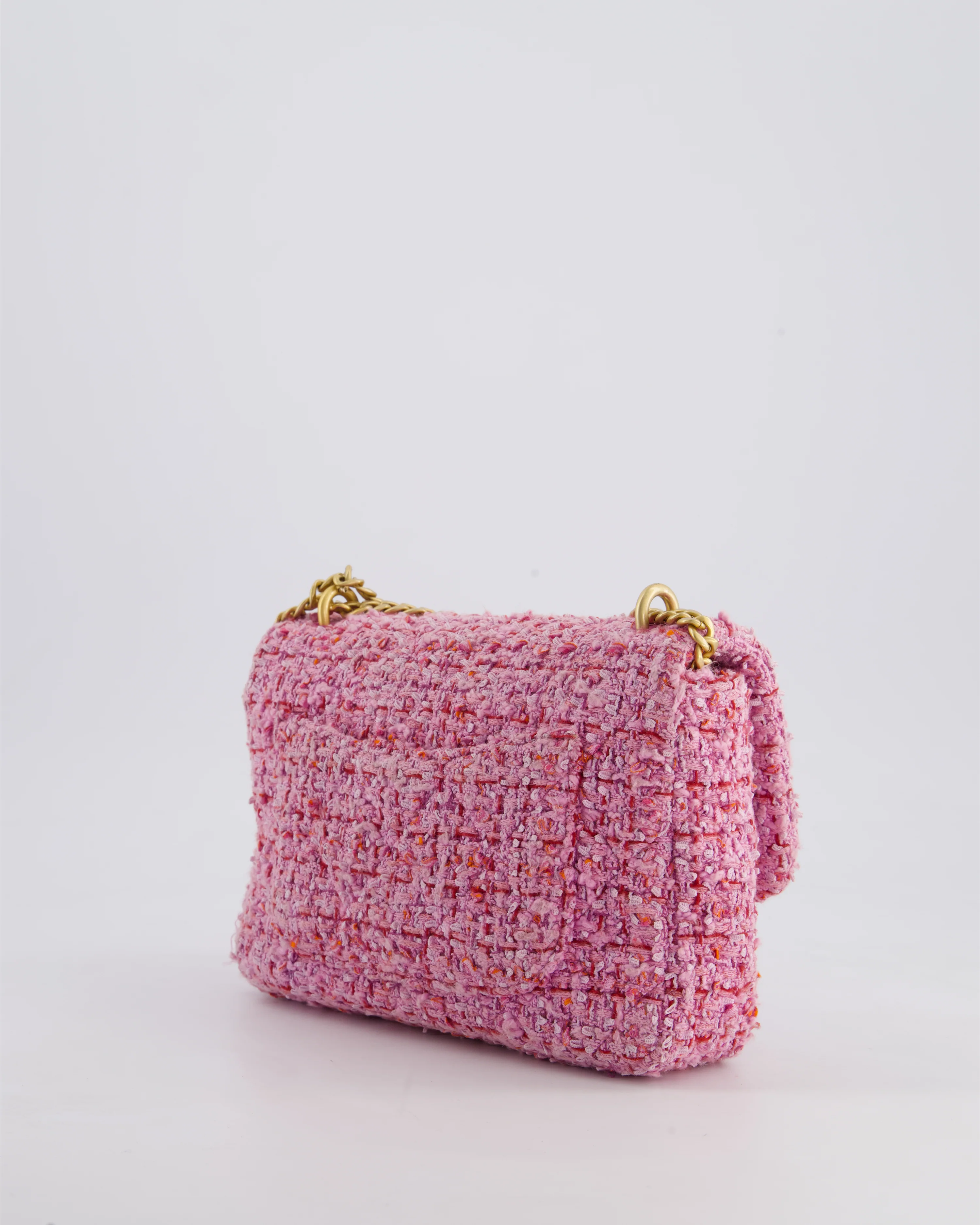 Chanel Pink & Lilac Tweed Seasonal Single Flap Bag with Brushed Gold Hardware & Pink CC Logo - Image 10