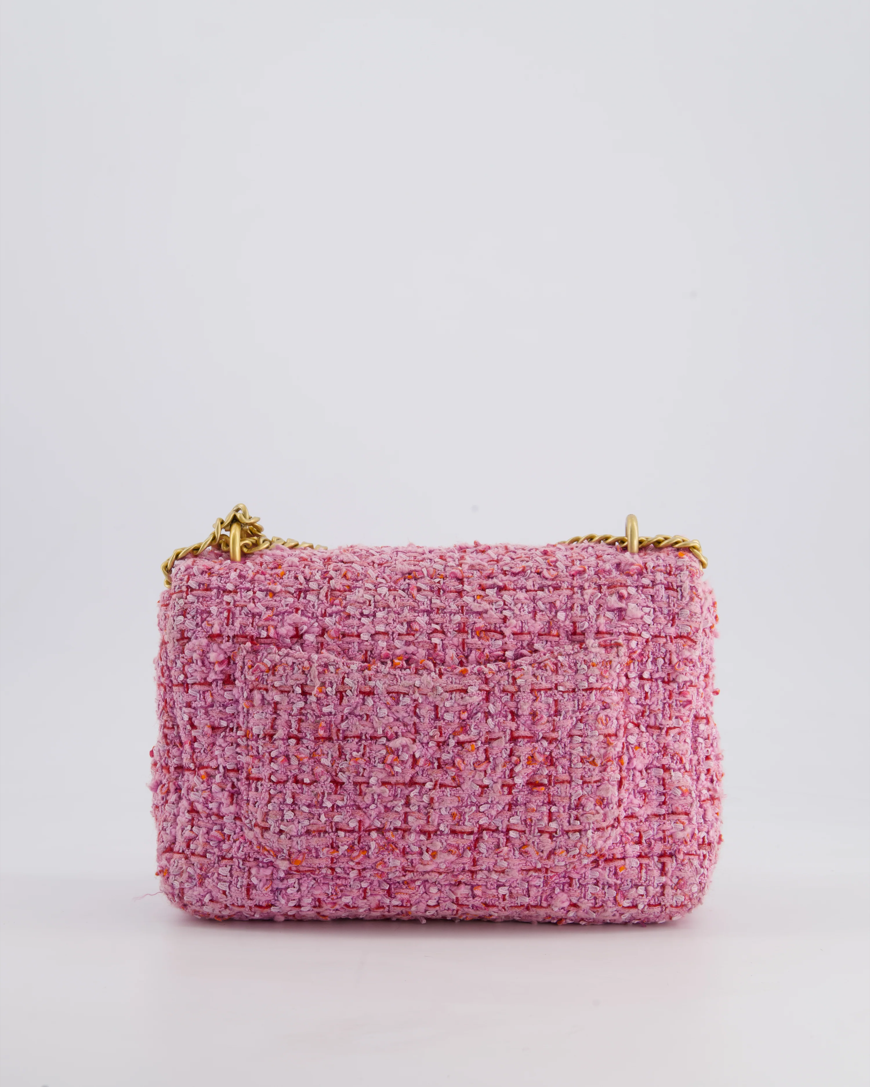 Chanel Pink & Lilac Tweed Seasonal Single Flap Bag with Brushed Gold Hardware & Pink CC Logo - Image 11
