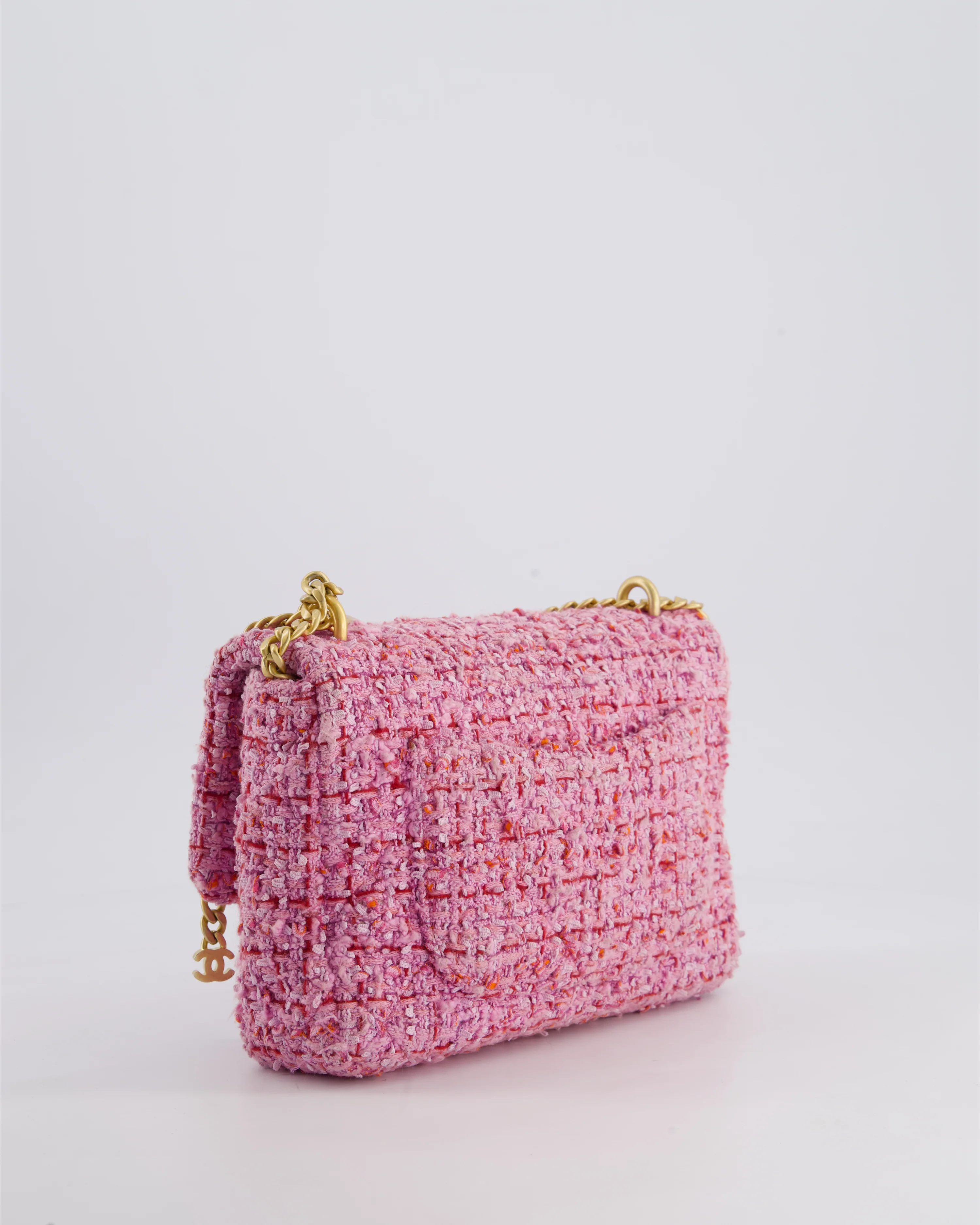 Chanel Pink & Lilac Tweed Seasonal Single Flap Bag with Brushed Gold Hardware & Pink CC Logo - Image 12