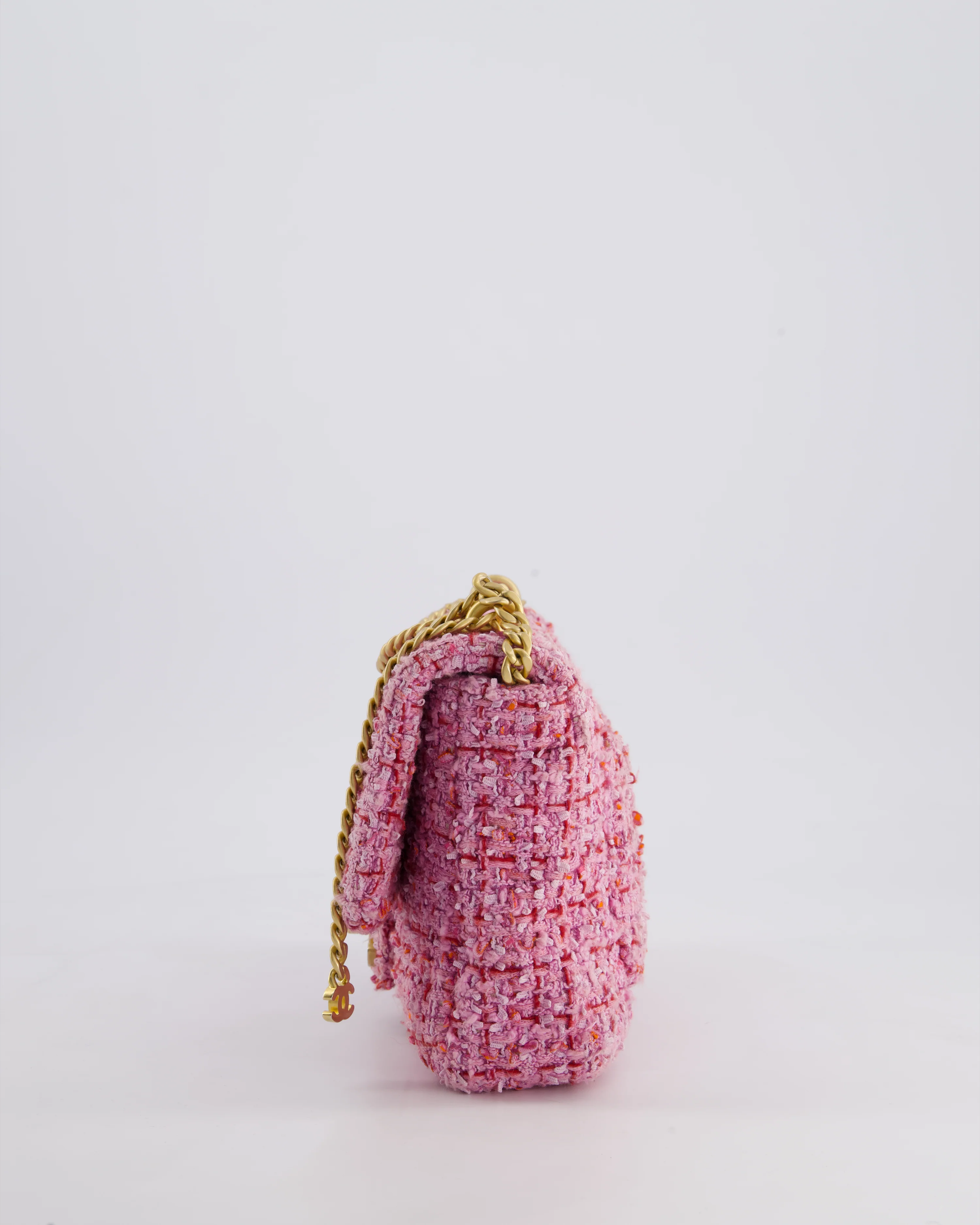 Chanel Pink & Lilac Tweed Seasonal Single Flap Bag with Brushed Gold Hardware & Pink CC Logo - Image 13