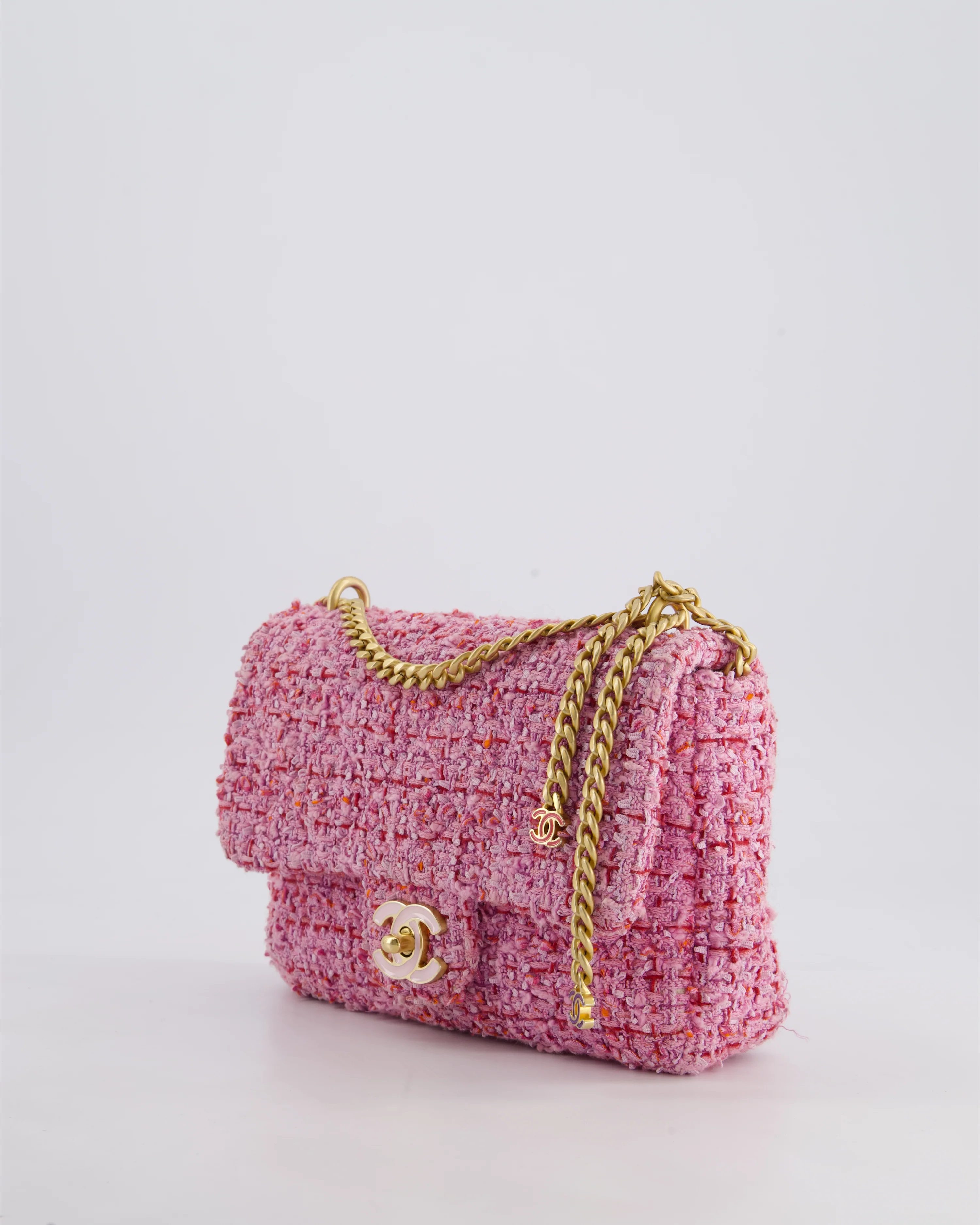 Chanel Pink & Lilac Tweed Seasonal Single Flap Bag with Brushed Gold Hardware & Pink CC Logo - Image 14