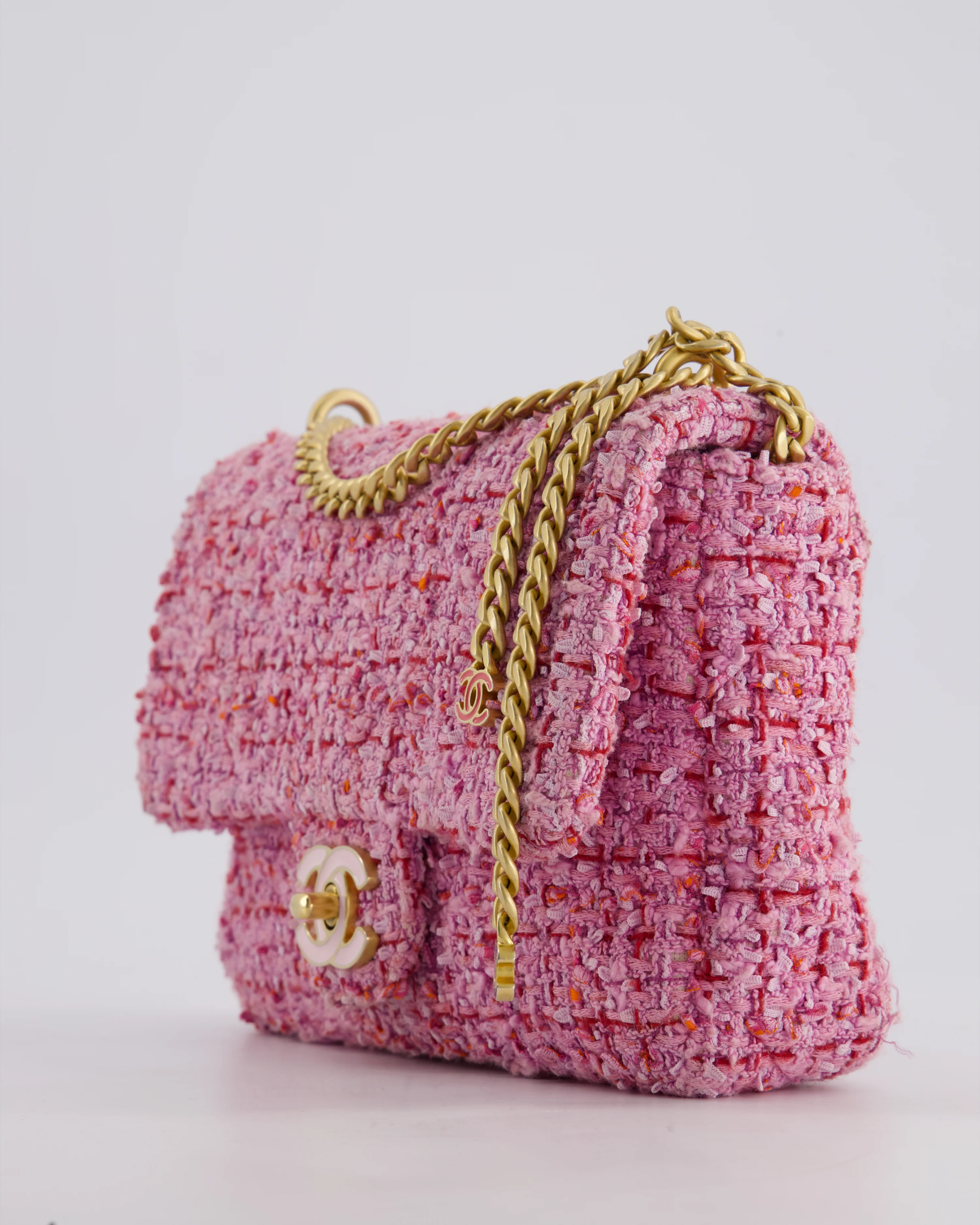 Chanel Pink & Lilac Tweed Seasonal Single Flap Bag with Brushed Gold Hardware & Pink CC Logo - Image 16